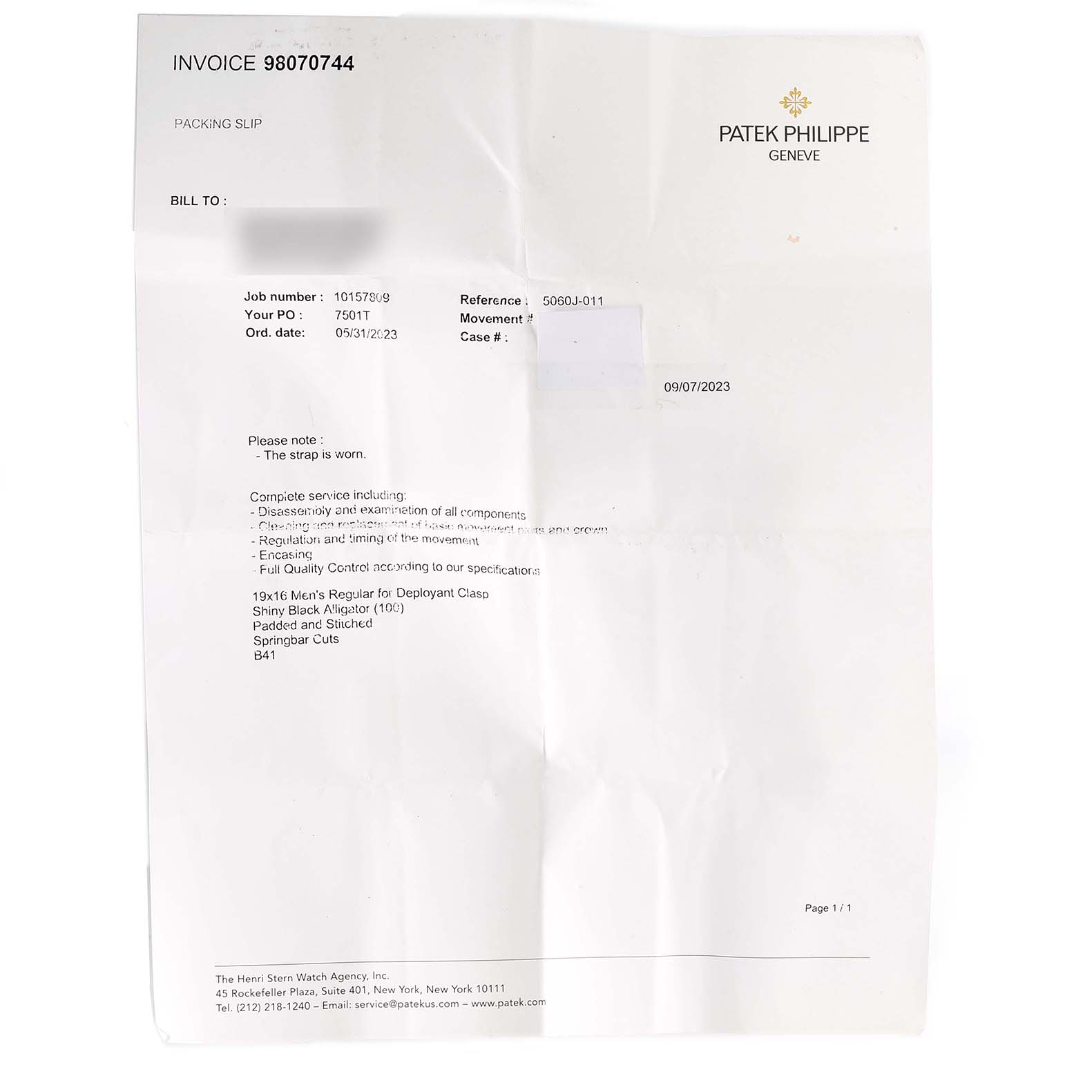 This image shows an invoice for servicing a Patek Philippe Aquanaut 5060J Men's Yellow Gold Black Dial 5060J Men's Yellow Gold Black Dial watch.