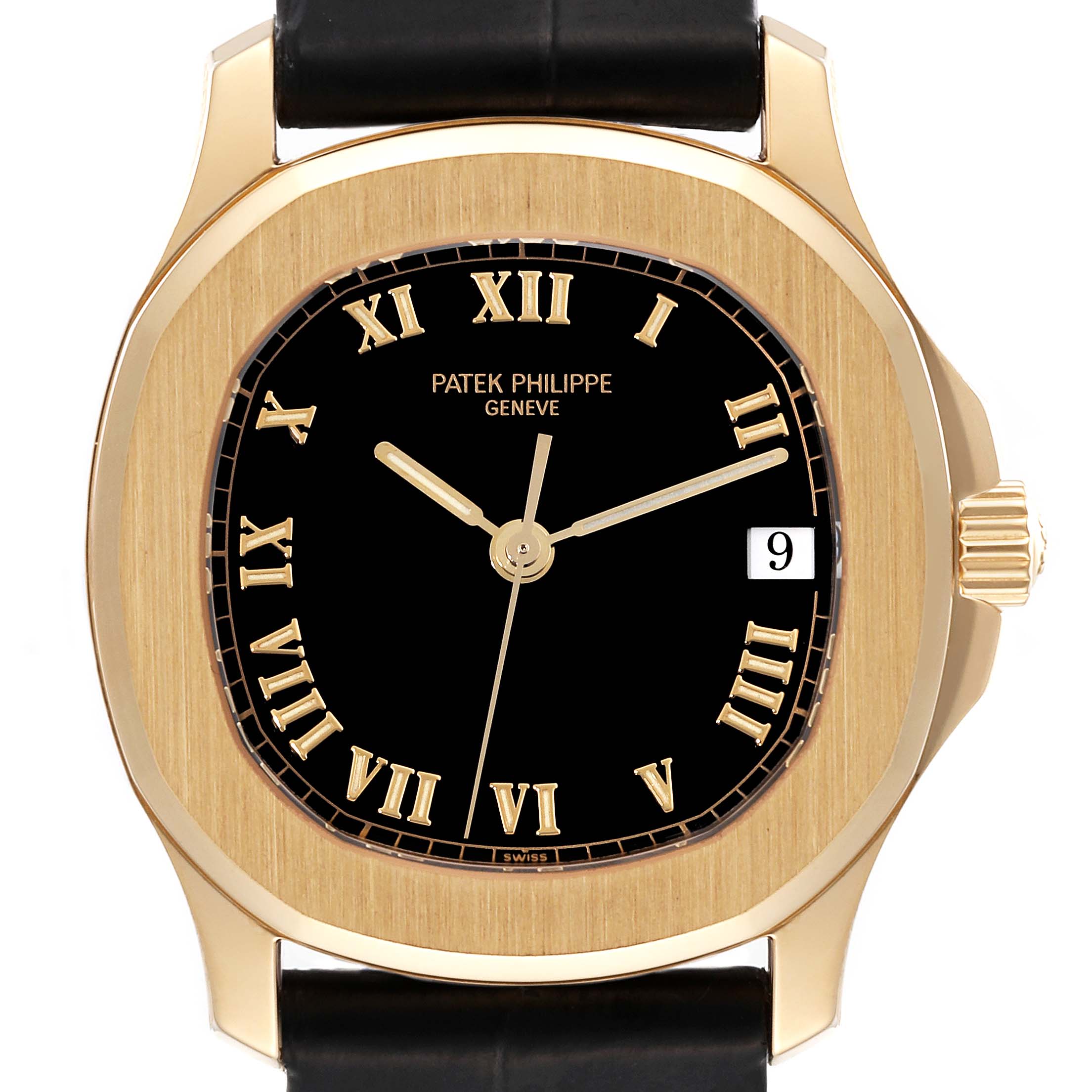 The image shows a front view of the Patek Philippe Aquanaut 5060J Men's Yellow Gold Black Dial 5060J Men's Yellow Gold Black Dial watch, displaying its dial, hands, date window, and part of the strap.