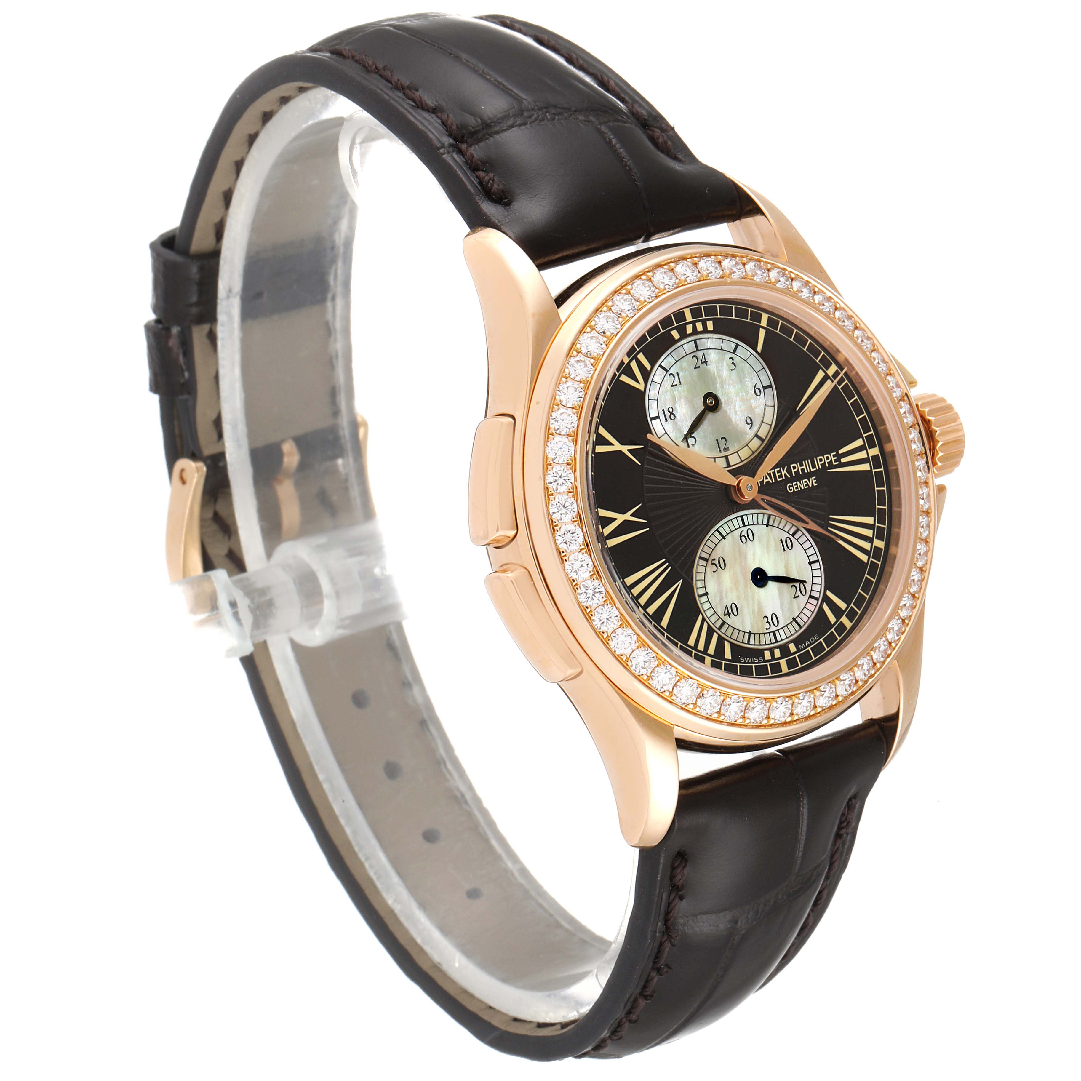 The image shows a Patek Philippe Calatrava 4934R Women's Rose Gold Mother of Pearl Dial 4934R Women's Rose Gold Mother of Pearl Dial watch at a three-quarter angle, displaying the face, bezel, and leather band.