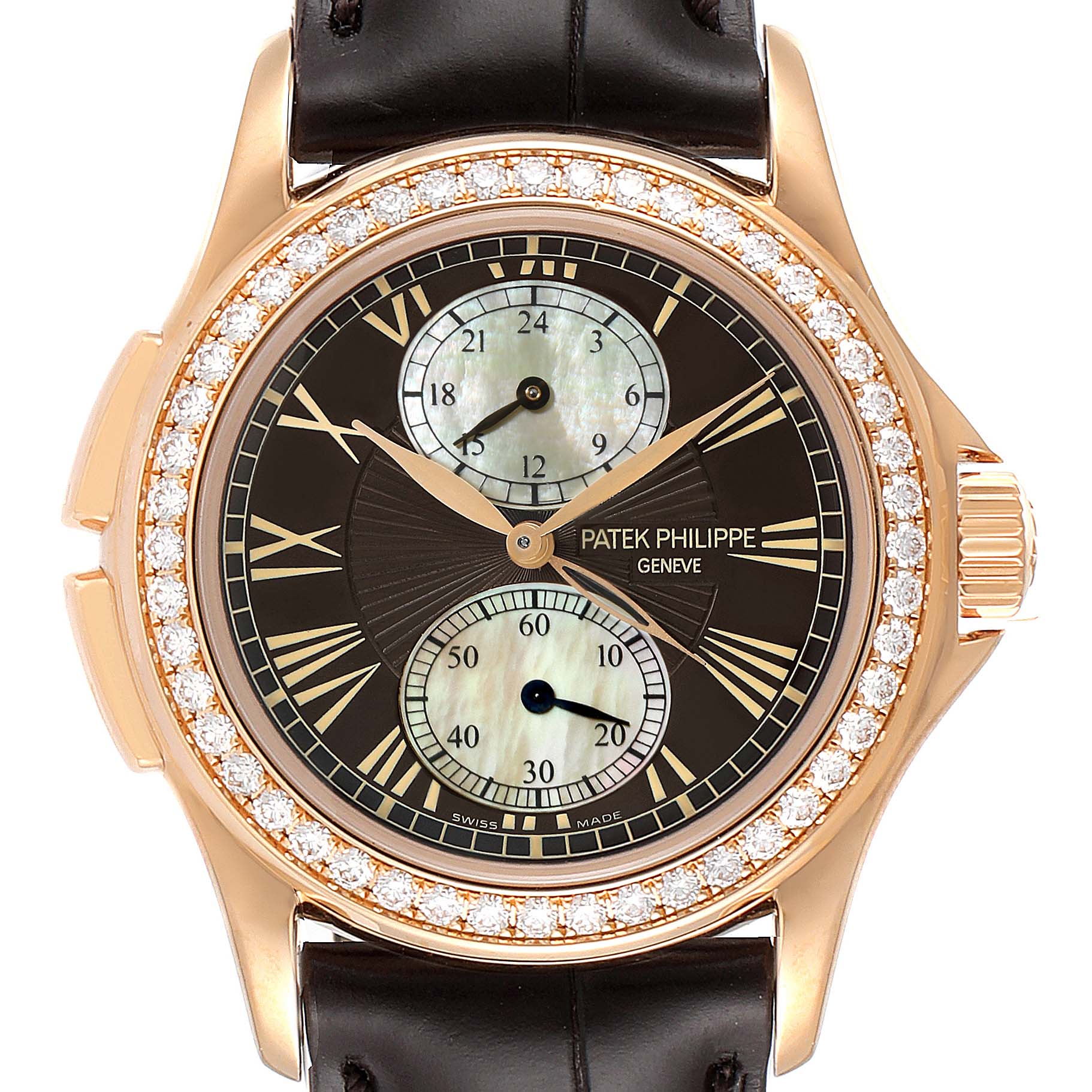 This image shows a front view of the Patek Philippe Calatrava 4934R Women's Rose Gold Mother of Pearl Dial 4934R Women's Rose Gold Mother of Pearl Dial watch, featuring a diamond-encrusted bezel and leather strap.