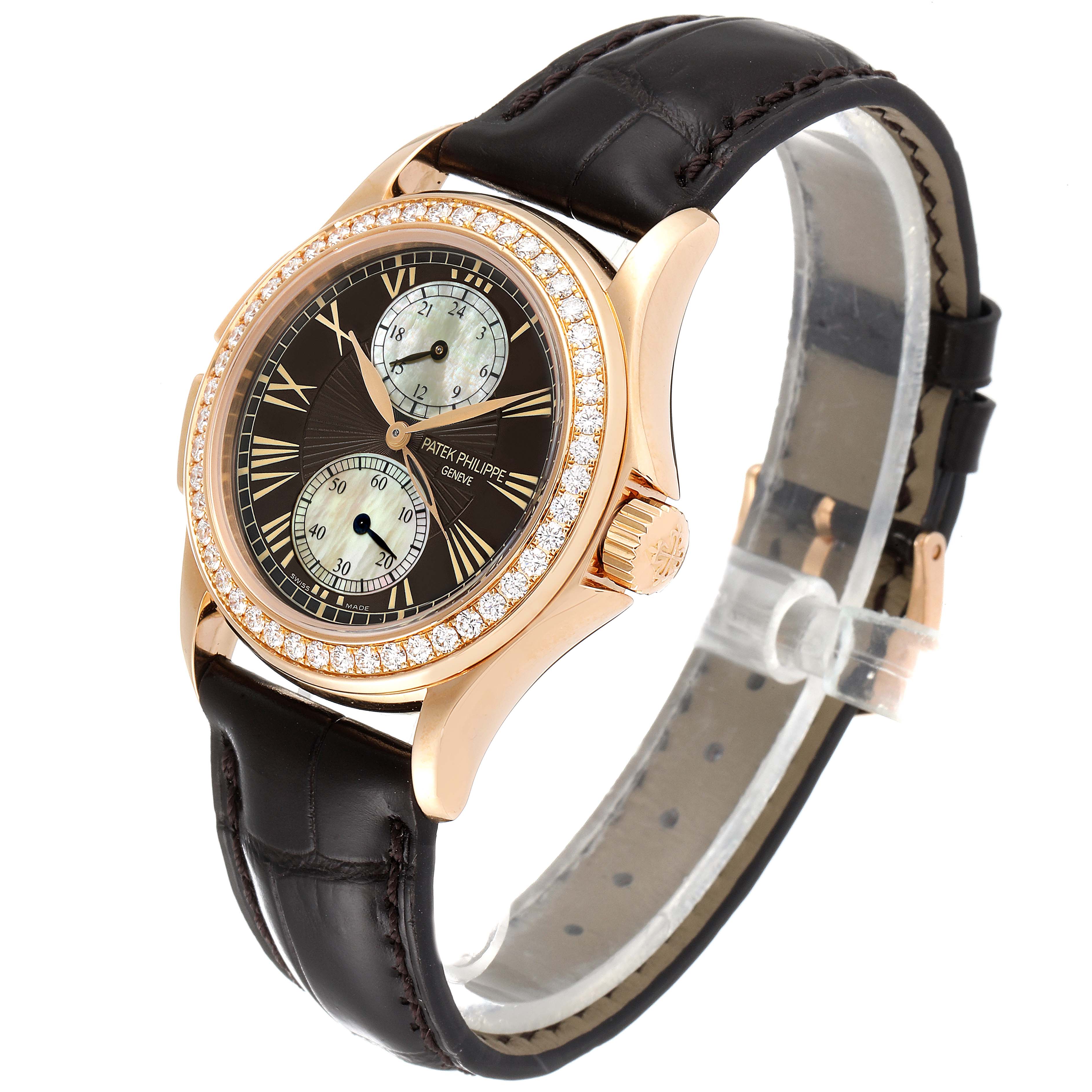 The Patek Philippe Calatrava 4934R Women's Rose Gold Mother of Pearl Dial 4934R Women's Rose Gold Mother of Pearl Dial watch is shown at a side angle highlighting its dial, bezel, crown, and leather strap.