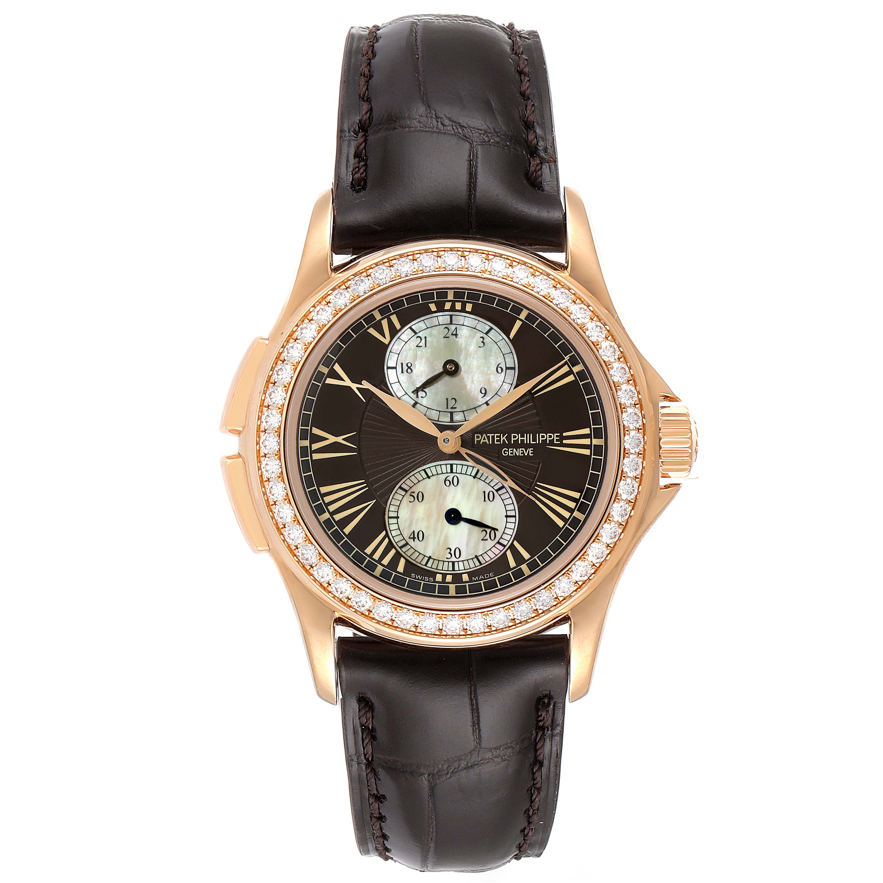 The image shows a front view of a Patek Philippe Calatrava 4934R Women's Rose Gold Mother of Pearl Dial 4934R Women's Rose Gold Mother of Pearl Dial watch, displaying its face, dials, and leather strap.