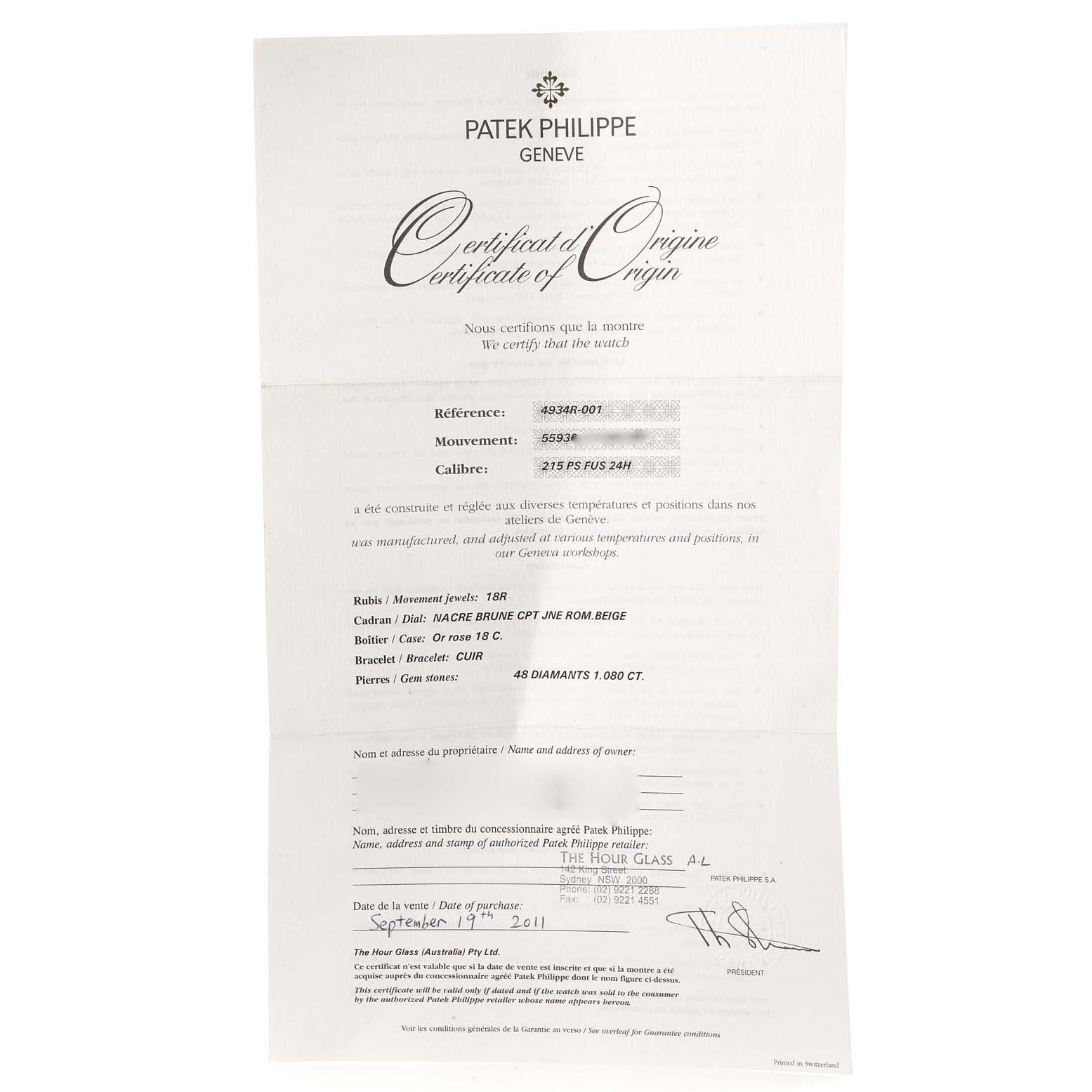 The image displays the Certificate of Origin for the Calatrava model by Patek Philippe.