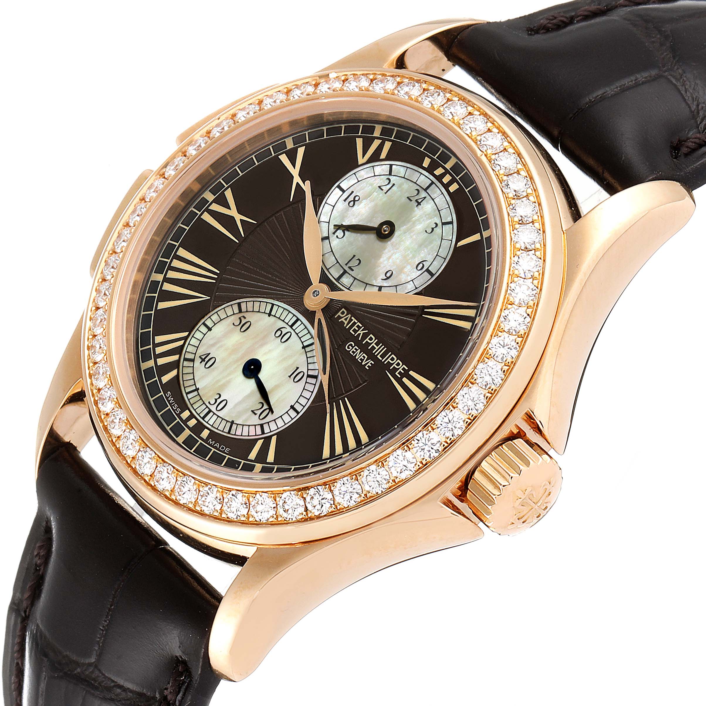 The Patek Philippe Calatrava 4934R Women's Rose Gold Mother of Pearl Dial 4934R Women's Rose Gold Mother of Pearl Dial watch is shown at a slight angle, featuring a diamond-studded bezel, black dial, and leather strap.