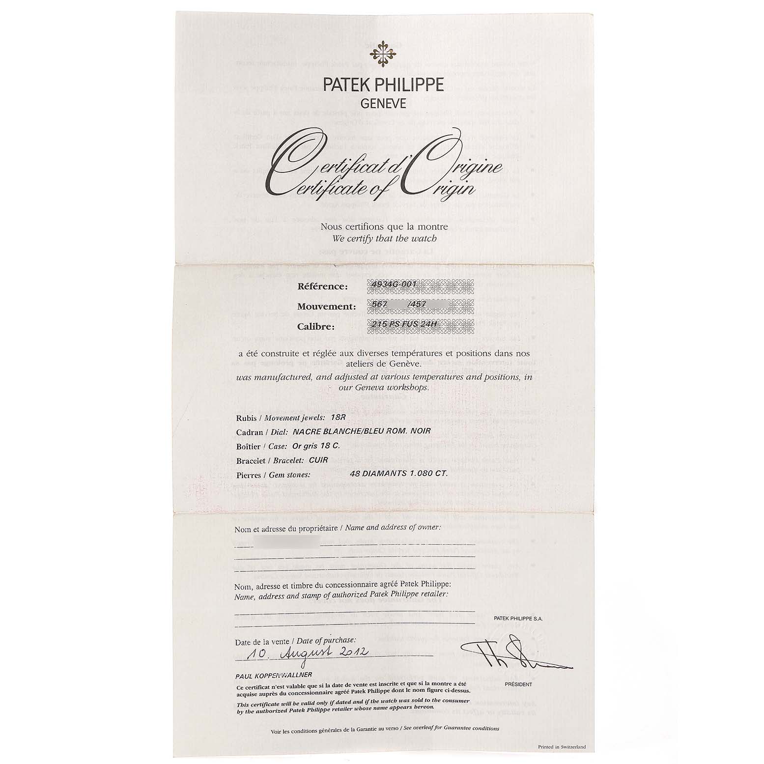 The image shows a top-down view of a Patek Philippe Certificate of Origin for a Calatrava model watch.