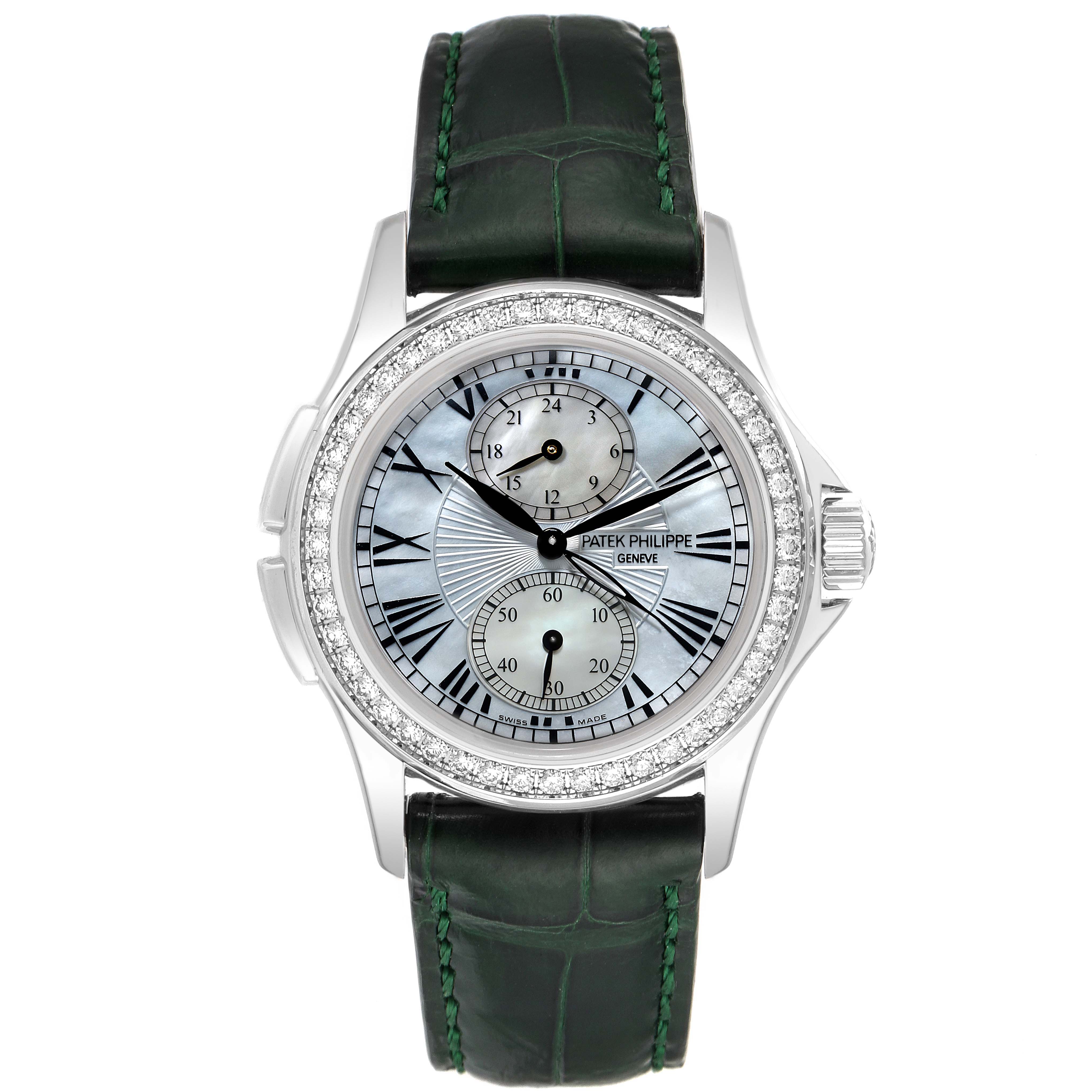 The image shows a Patek Philippe Calatrava 4934G Women's White Gold Mother of Pearl Dial 4934G Women's White Gold Mother of Pearl Dial watch from a front angle, displaying the watch face, bezel, and leather strap.
