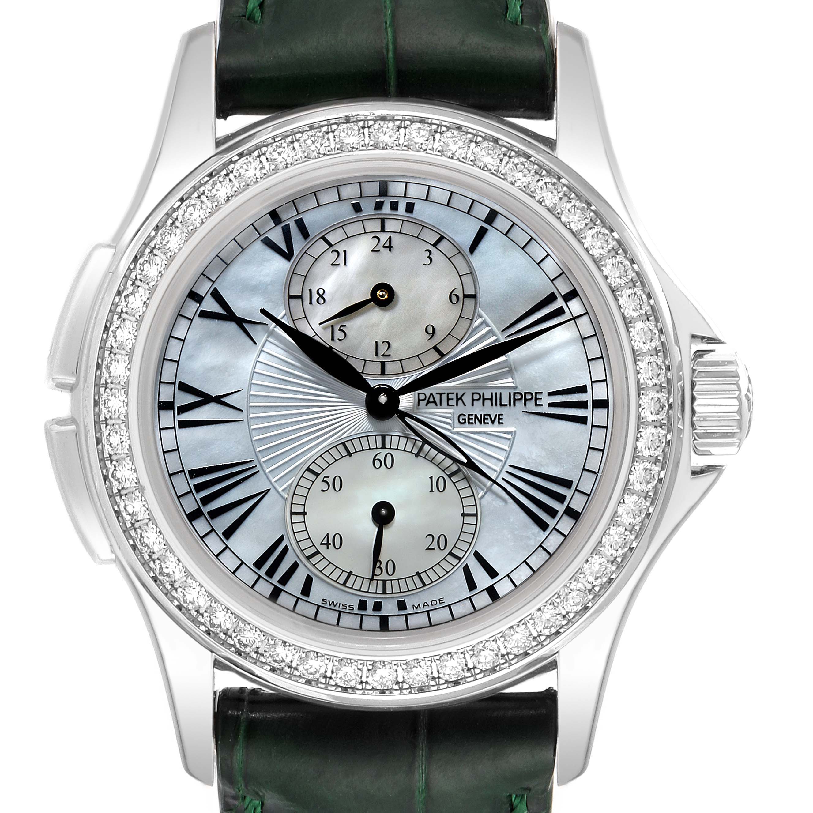 The image shows a front view of a Patek Philippe Calatrava 4934G Women's White Gold Mother of Pearl Dial 4934G Women's White Gold Mother of Pearl Dial watch, highlighting the diamond bezel and subdials.