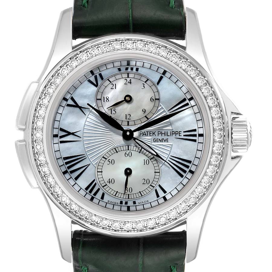 Patek Philippe Calatrava Travel Time White Gold Mother of Pearl Diamond Watch 4934 Papers SwissWatchExpo