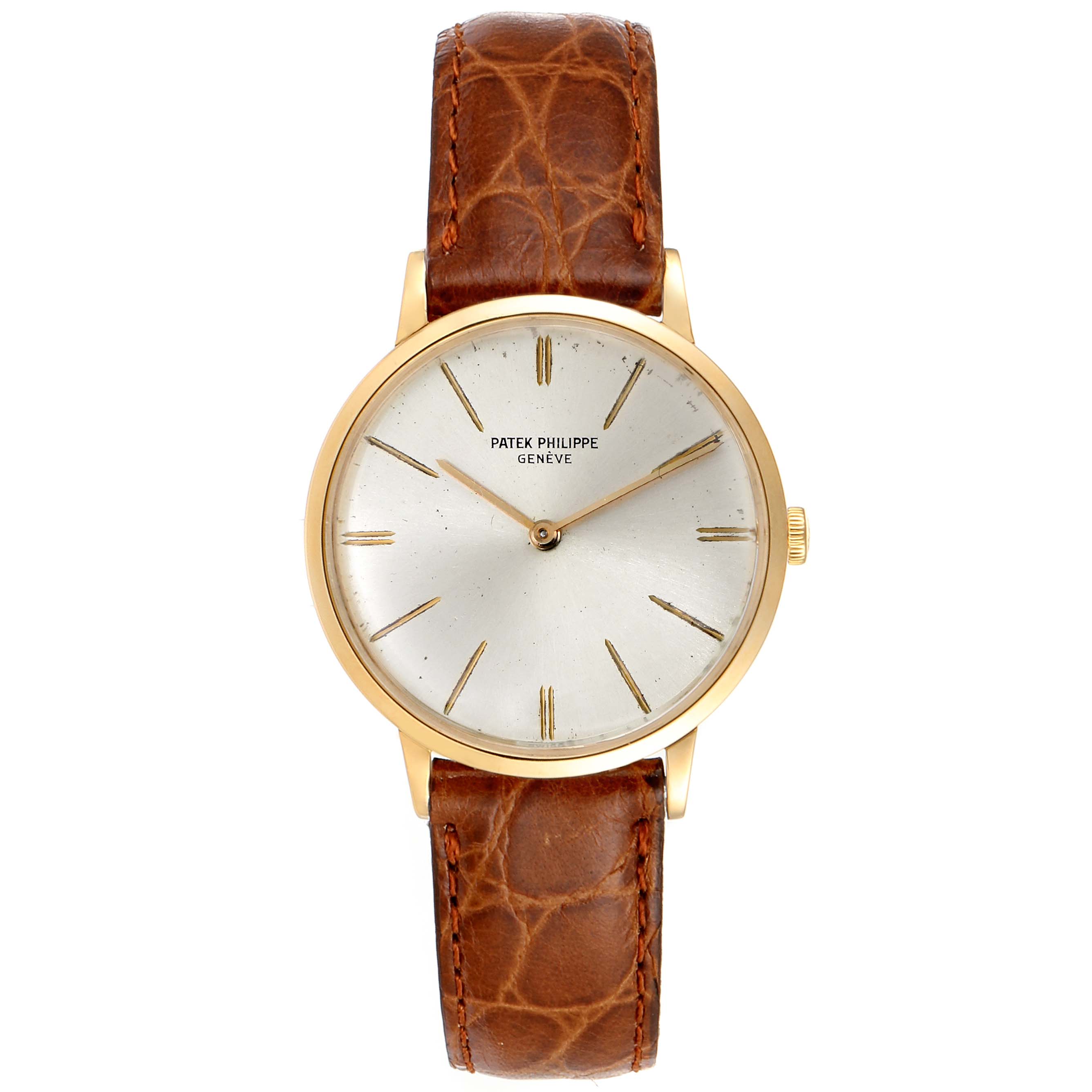 This image shows a frontal view of a Vintage Patek Philippe watch with a gold case, white dial, and brown leather strap.