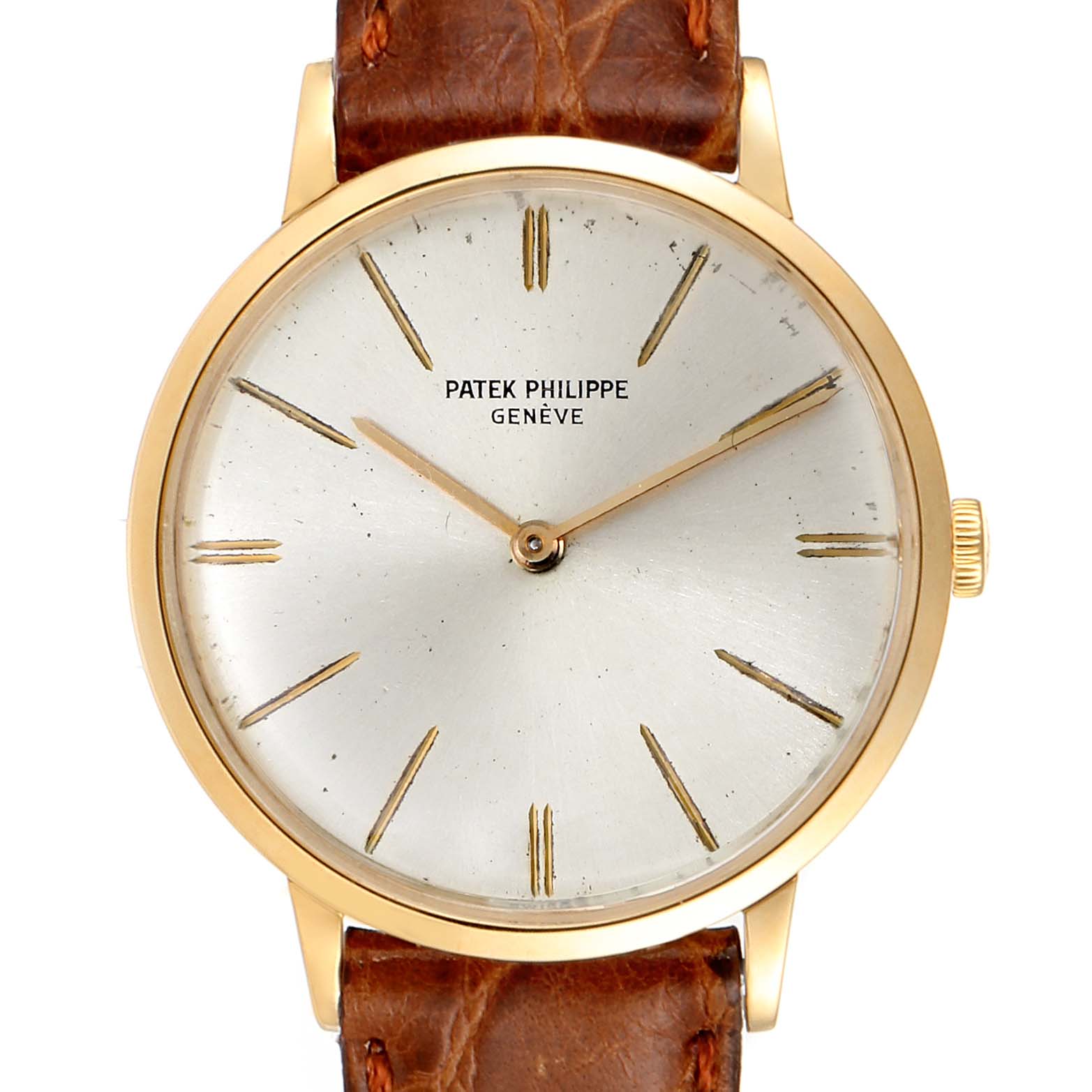 The image shows a front view of a Patek Philippe Calatrava 3468 Men's Yellow Gold Silver Dial 3468 Men's Yellow Gold Silver Dial watch with a gold case, silver dial, and brown leather strap.