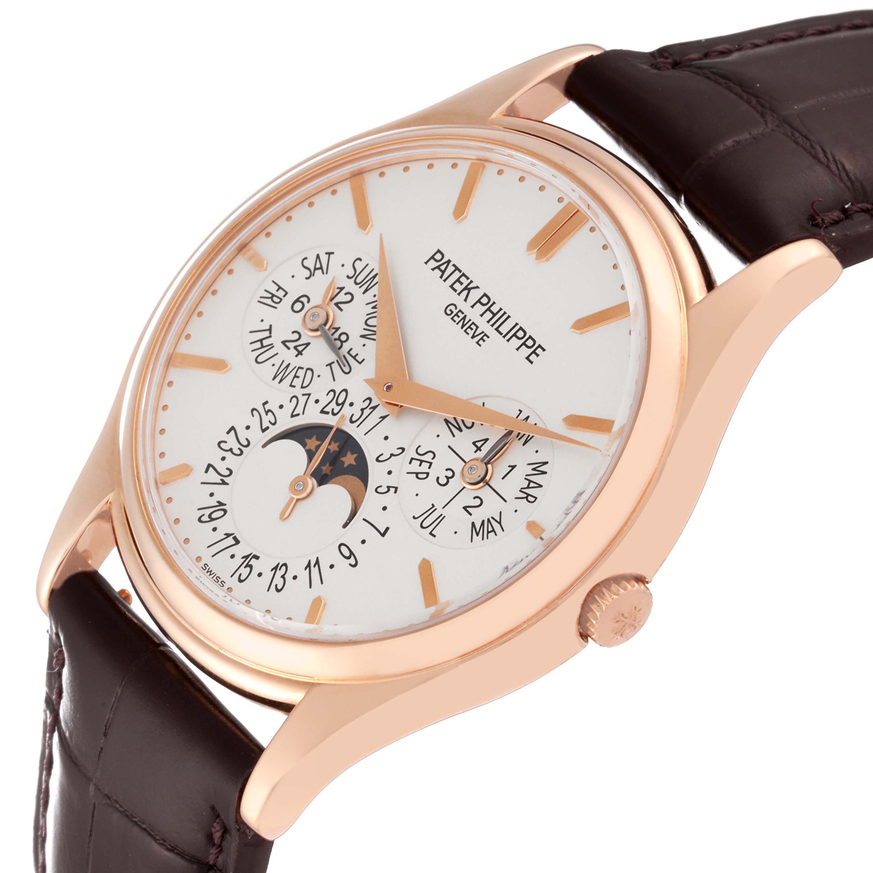 The image shows a side angle view of the Patek Philippe Complications 5140R-001 Men
s Rose Gold Silver Dial 5140R-001 Men
s Rose Gold Silver Dial watch, highlighting the dial, strap, and crown.