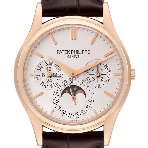 The image shows a frontal view of a Patek Philippe Complications model watch, displaying its dial and leather strap.