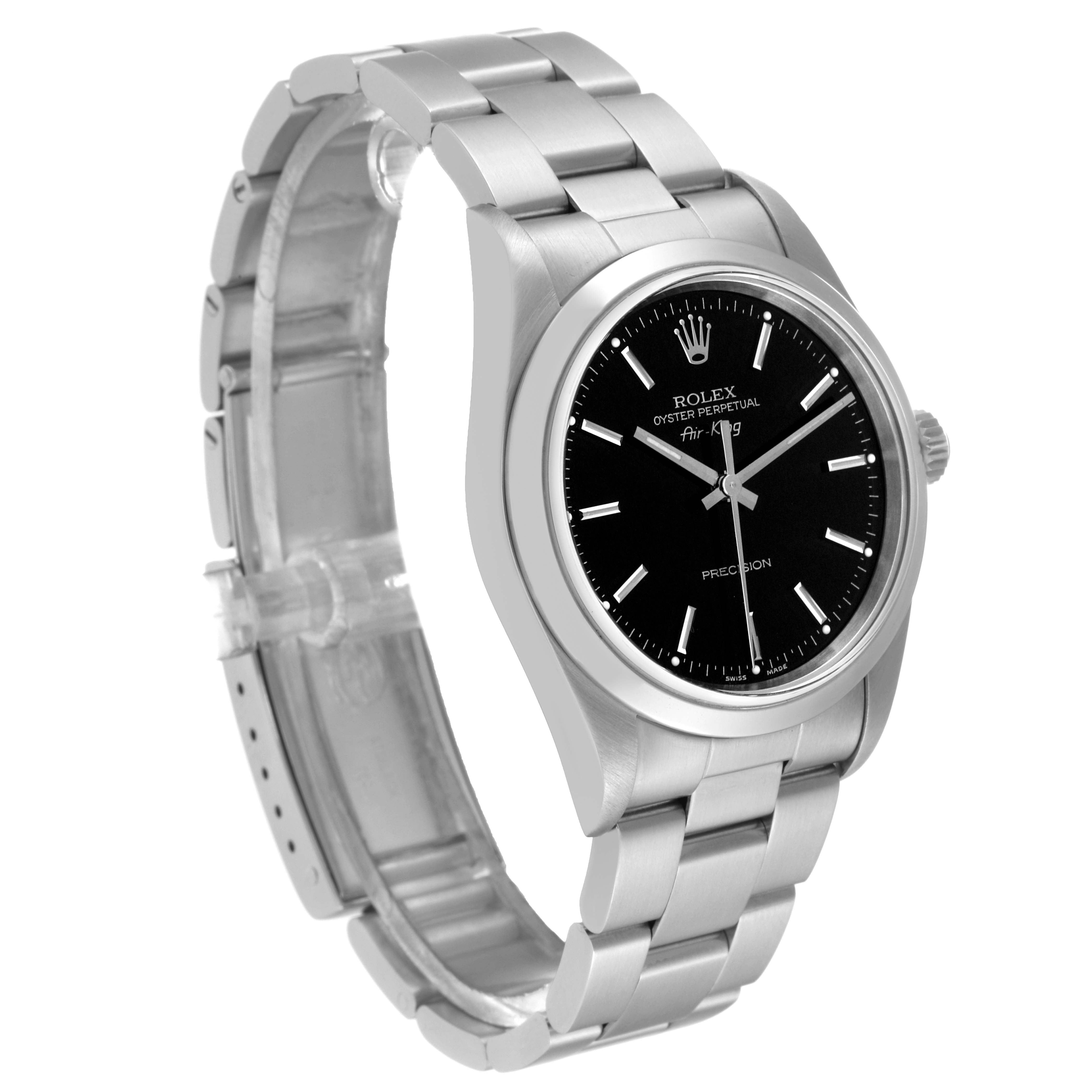 The image shows an angled side view of a Rolex Air-King 14000 Men's Stainless Steel Black Dial 14000 Men's Stainless Steel Black Dial watch, displaying the bracelet, case, and dial.