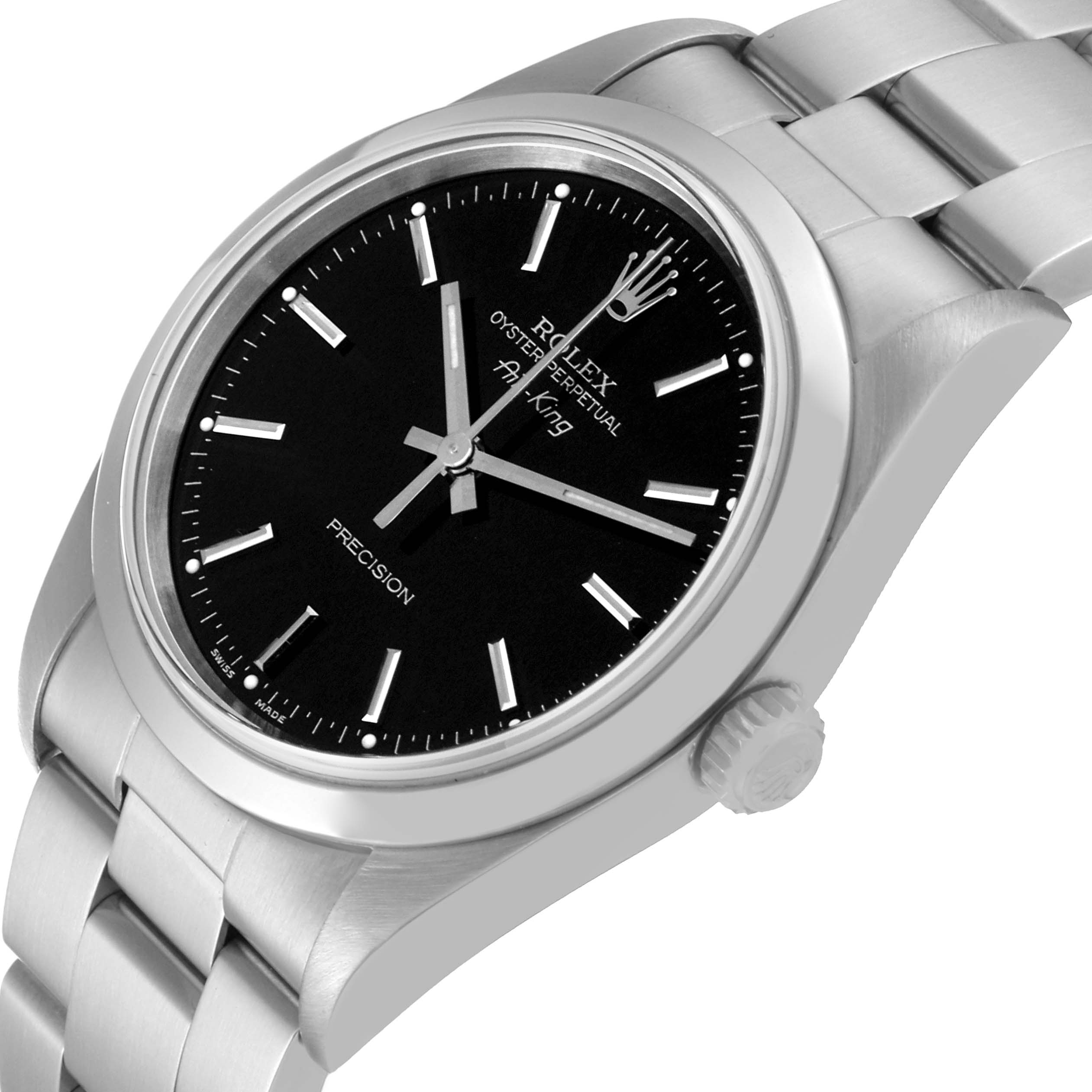 This image shows a close-up angle of a Rolex Air-King 14000 Men's Stainless Steel Black Dial 14000 Men's Stainless Steel Black Dial watch, displaying the black dial, crown, and part of the bracelet.