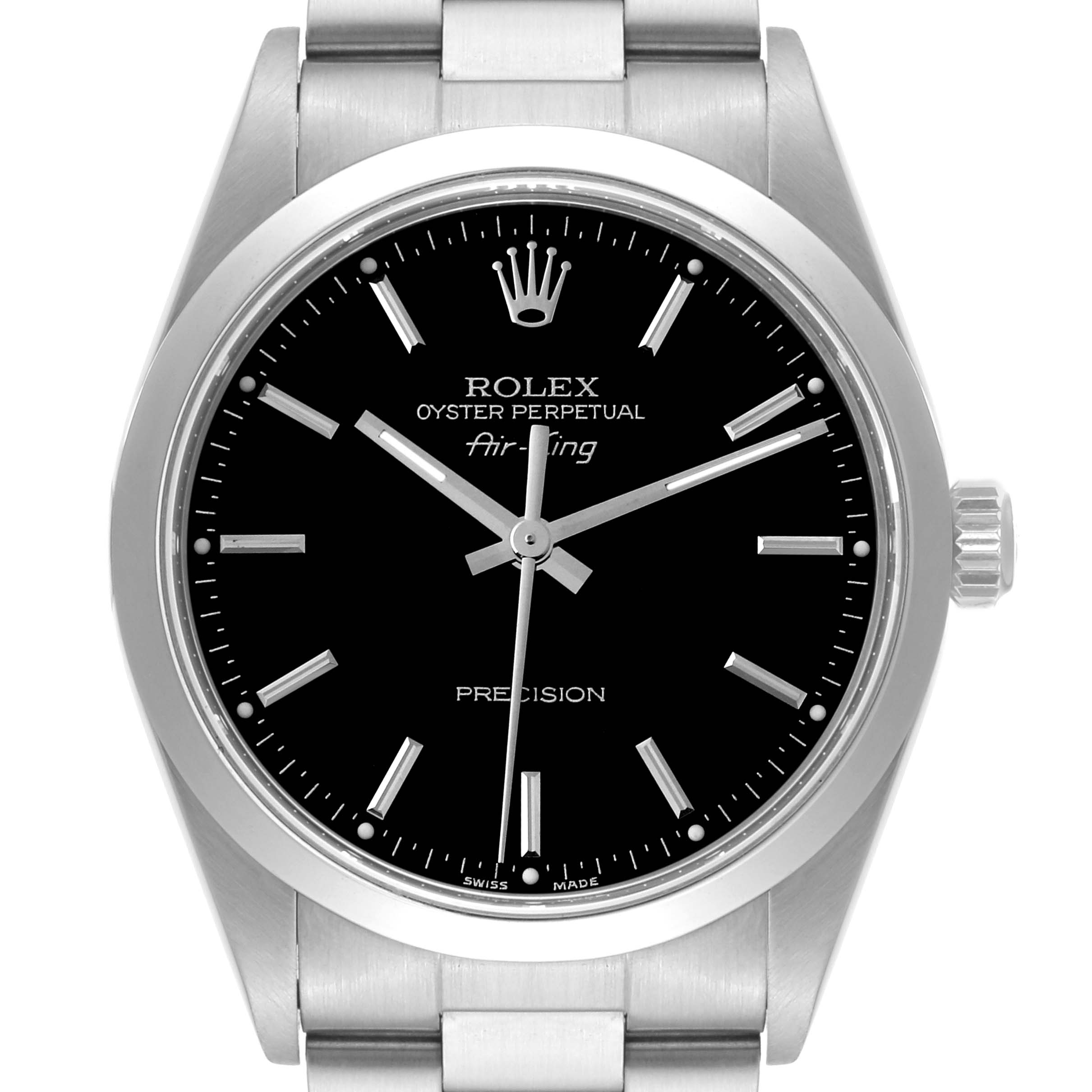 This image shows a front view of the Rolex Air-King 14000 Men's Stainless Steel Black Dial 14000 Men's Stainless Steel Black Dial watch, displaying its dial, hands, crown, and part of the bracelet.