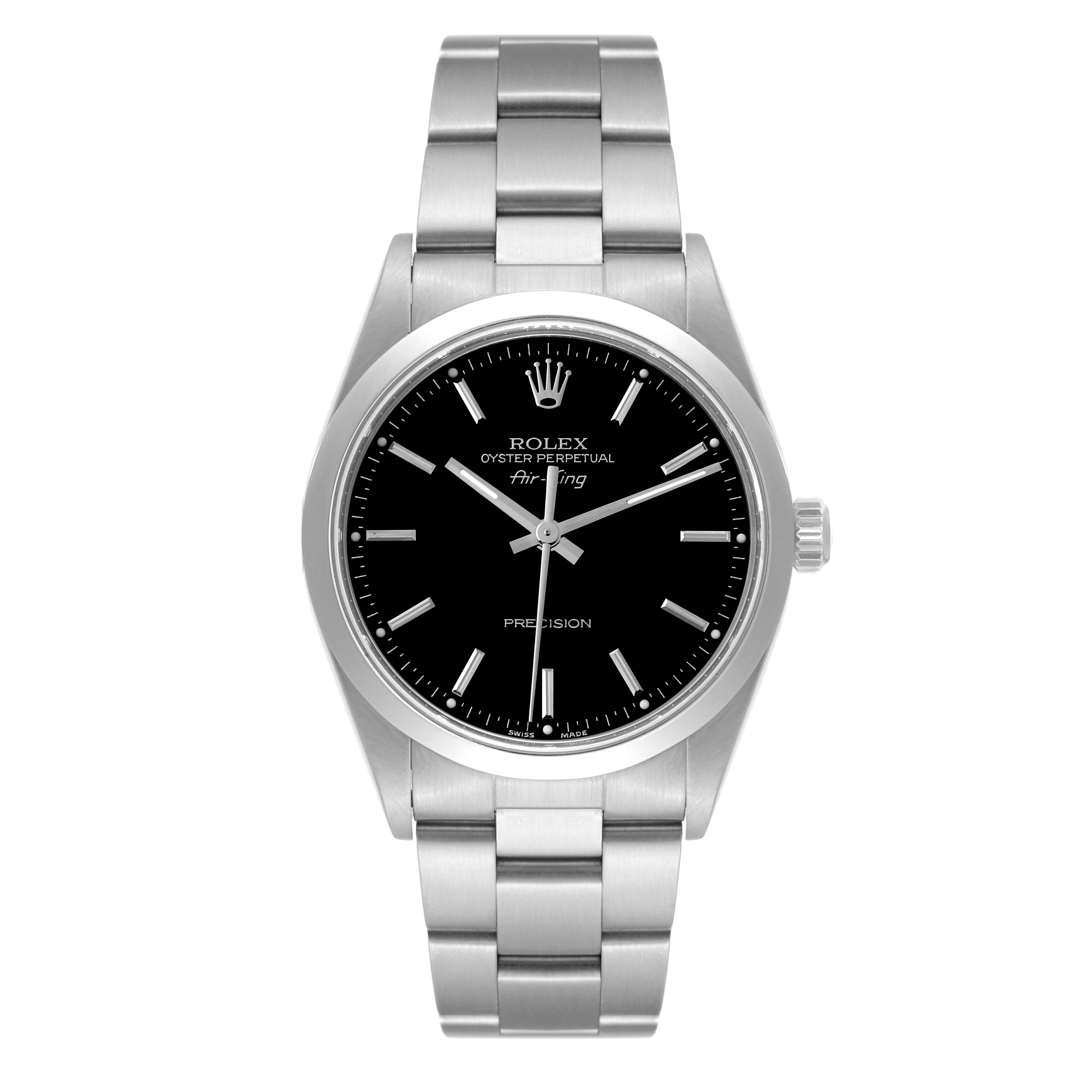 The image shows a front view of a Rolex Air-King 14000 Men's Stainless Steel Black Dial 14000 Men's Stainless Steel Black Dial watch, displaying the dial, hands, bezel, and bracelet.