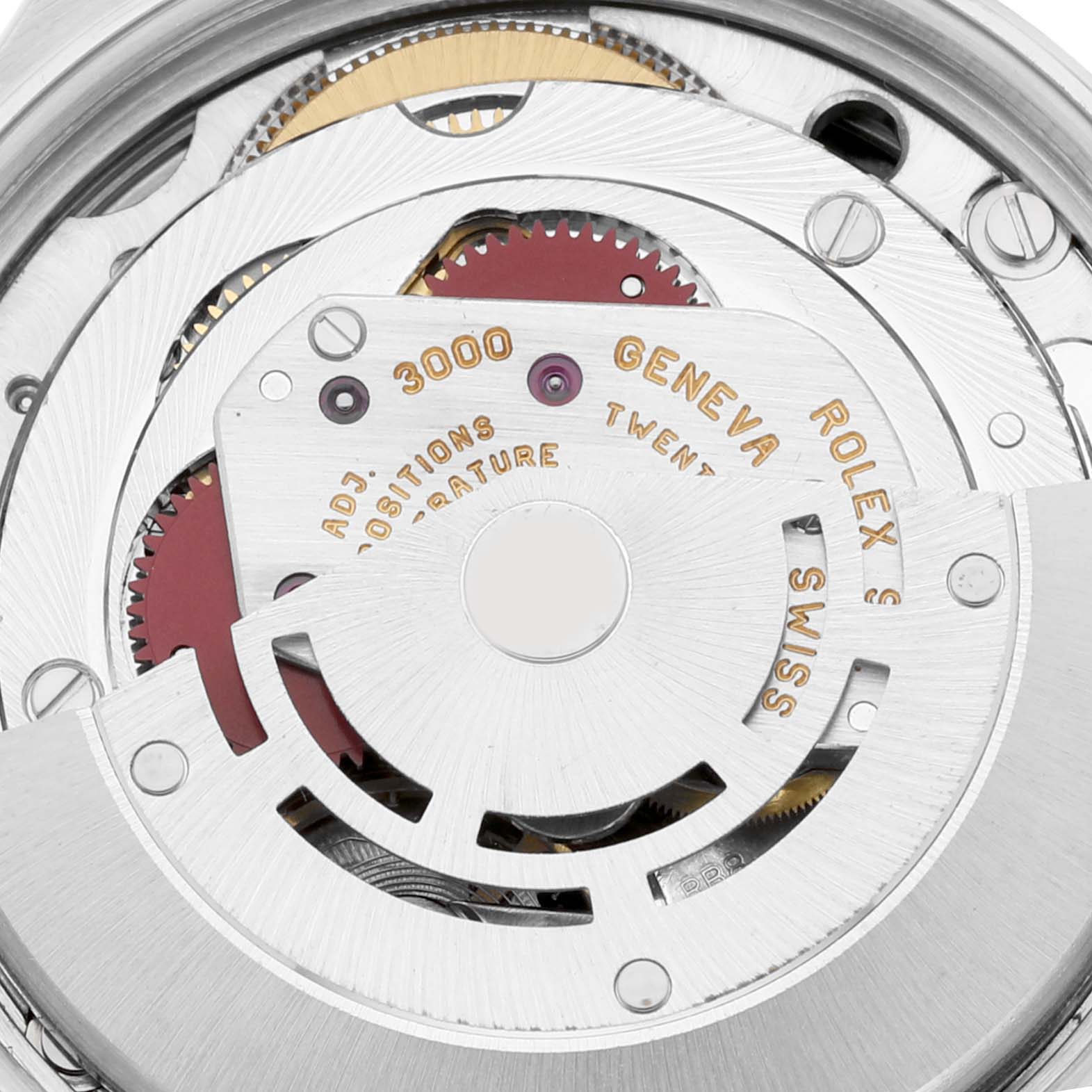 The image shows a close-up of the internal movement mechanism of a Rolex Air-King 14000 Men's Stainless Steel Black Dial 14000 Men's Stainless Steel Black Dial watch, highlighting the gears and inscriptions.