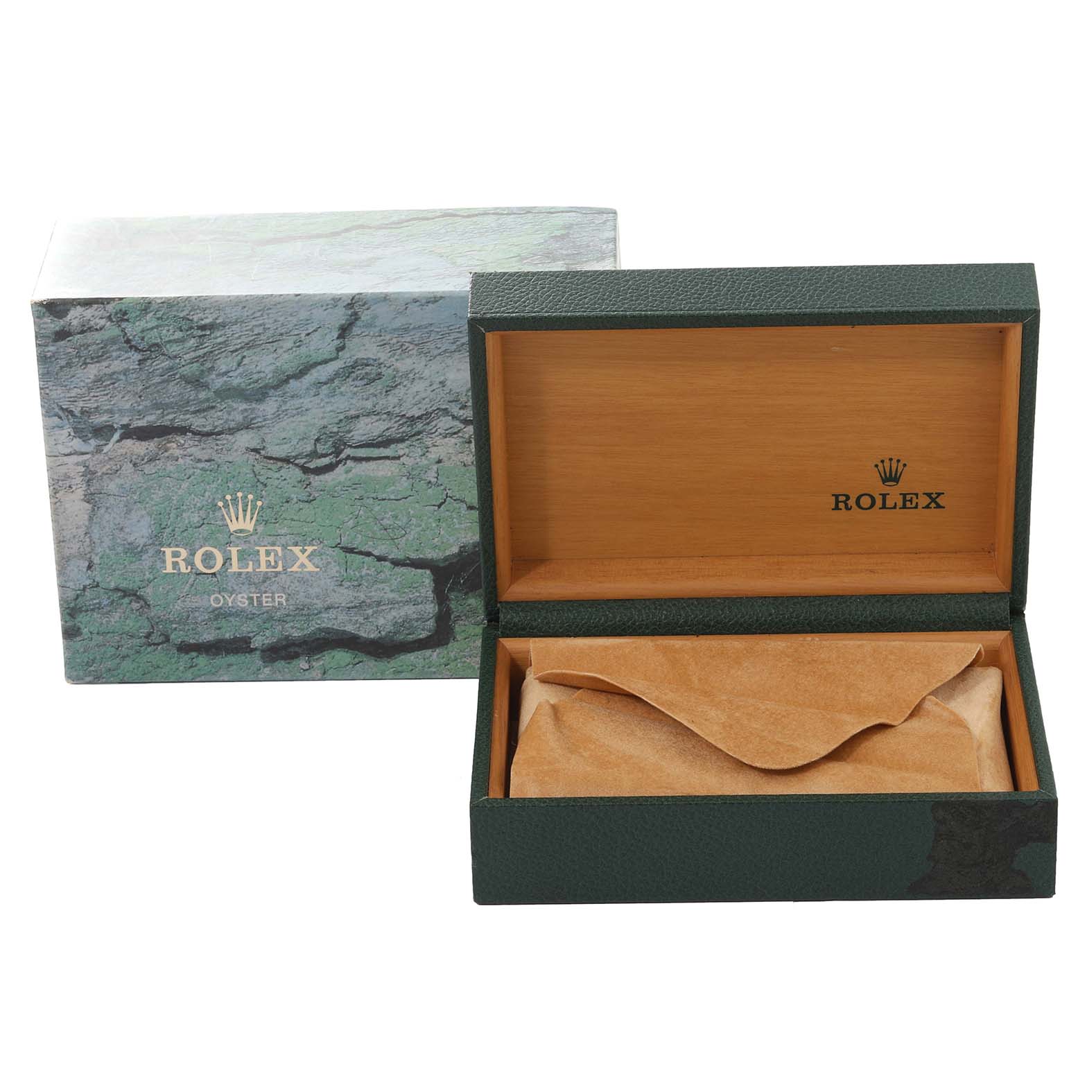 This image shows the open box and packaging for the Rolex Air-King 14000 Men's Stainless Steel Black Dial 14000 Men's Stainless Steel Black Dial watch, displaying its green and wooden interior.