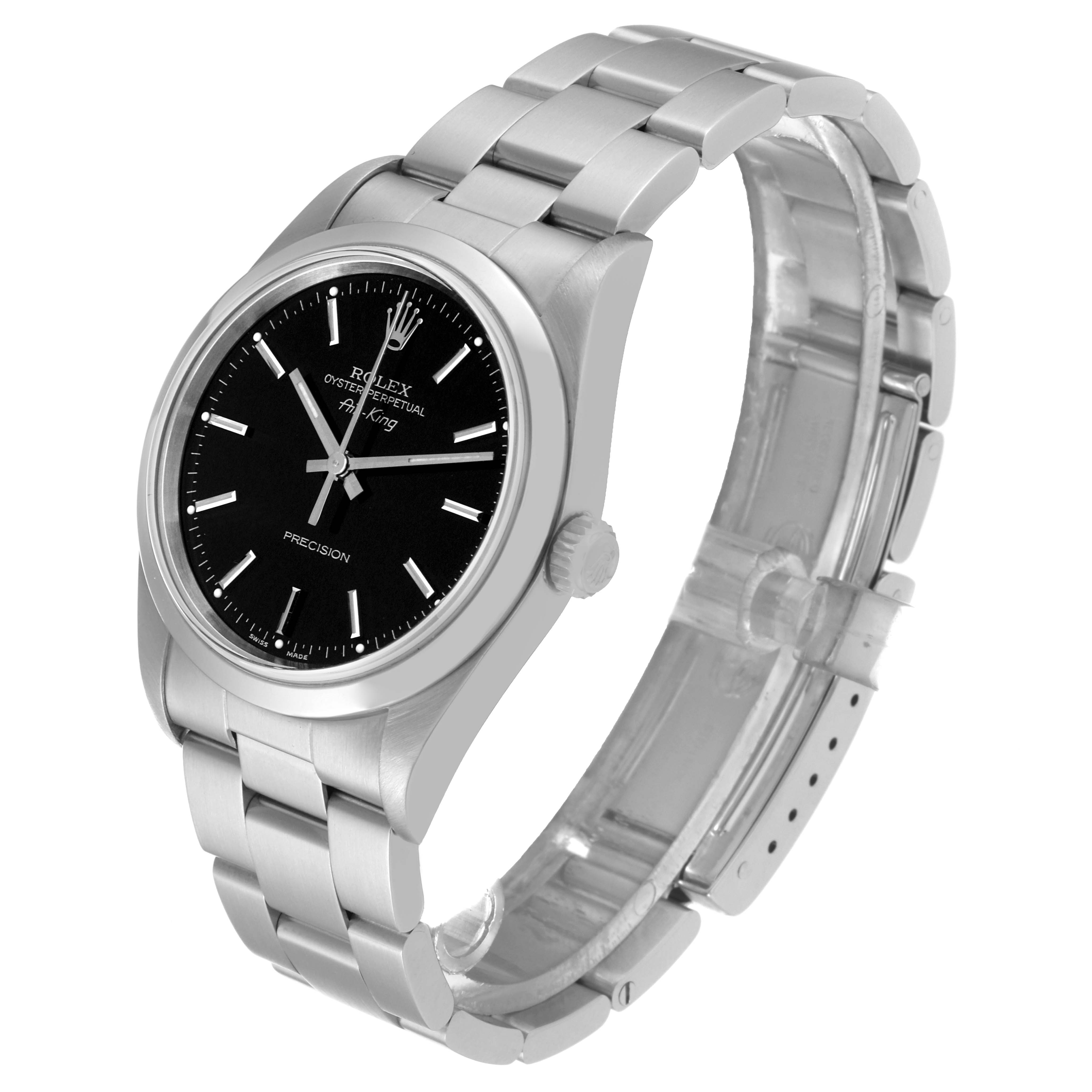 The image shows a Rolex Air-King 14000 Men's Stainless Steel Black Dial 14000 Men's Stainless Steel Black Dial watch at a three-quarter angle, highlighting the face, bezel, crown, and bracelet.