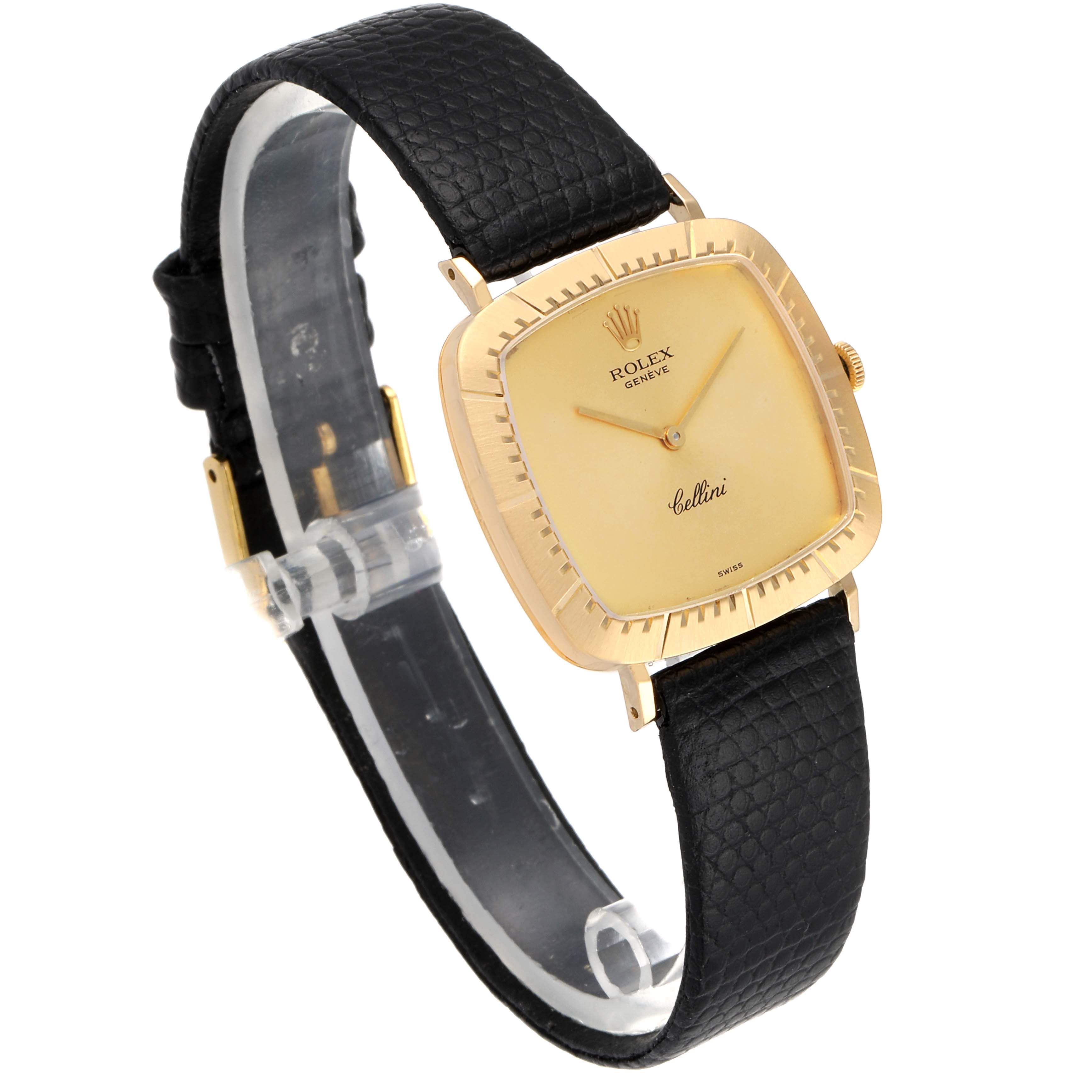 This image shows a Rolex Cellini 4084 Men's Yellow Gold Champagne Dial 4084 Men's Yellow Gold Champagne Dial watch at a three-quarter angle, highlighting its square gold dial and textured black leather strap.