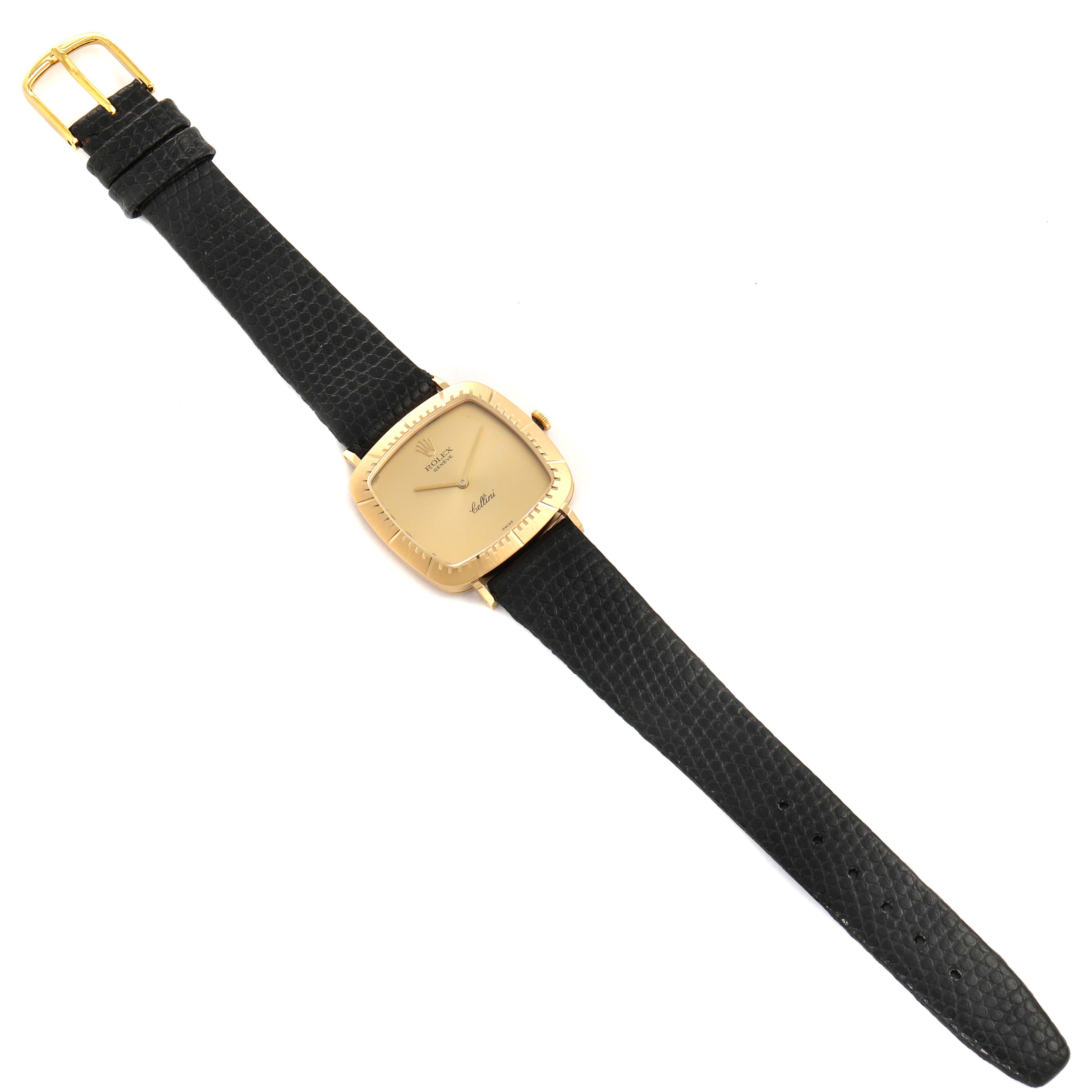This image shows a Rolex Cellini 4084 Men's Yellow Gold Champagne Dial 4084 Men's Yellow Gold Champagne Dial watch viewed from the top, displaying the entire face, case, crown, and black leather strap.
