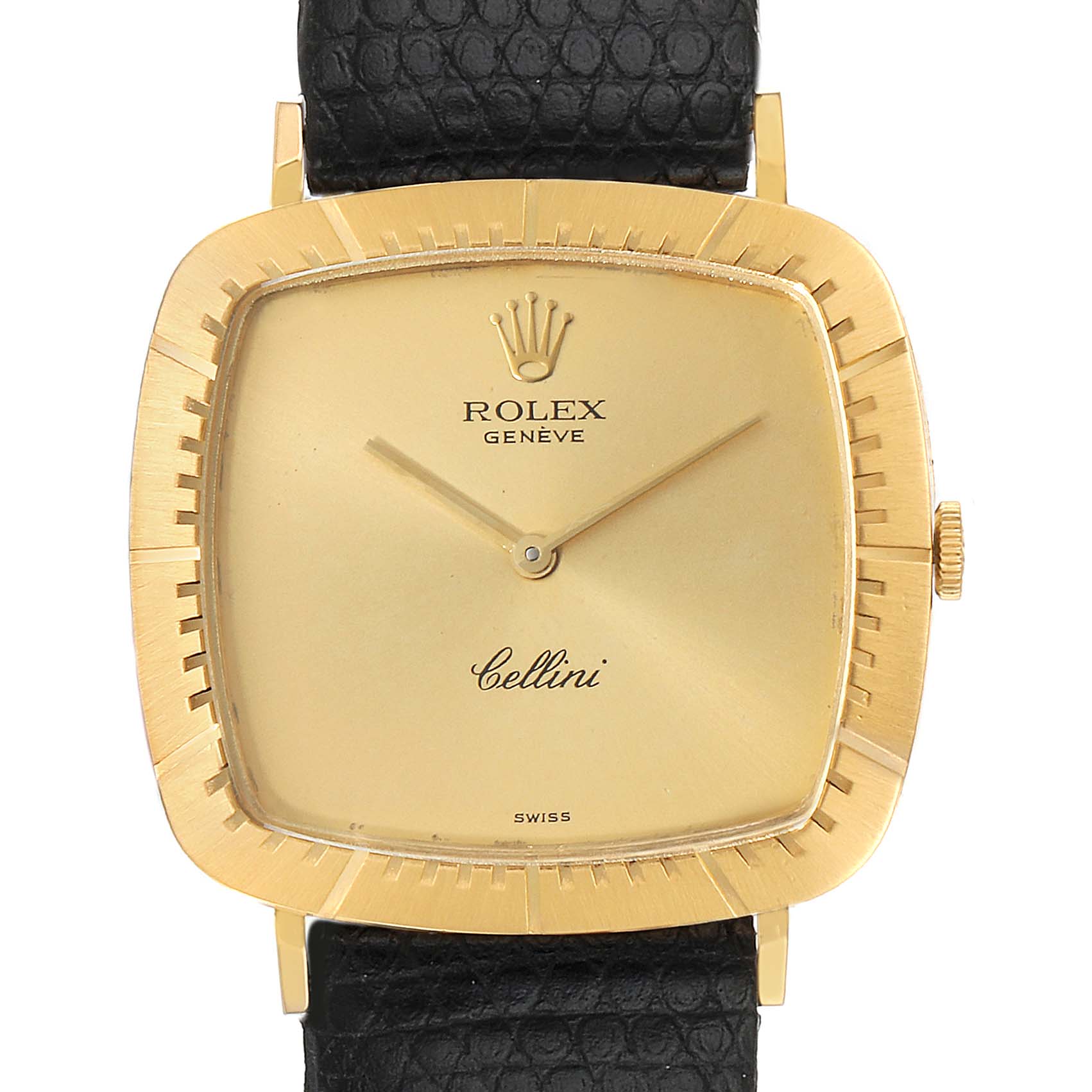 The image shows a Rolex Cellini 4084 Men's Yellow Gold Champagne Dial 4084 Men's Yellow Gold Champagne Dial watch from a front-angle view, displaying its gold dial and black leather strap.