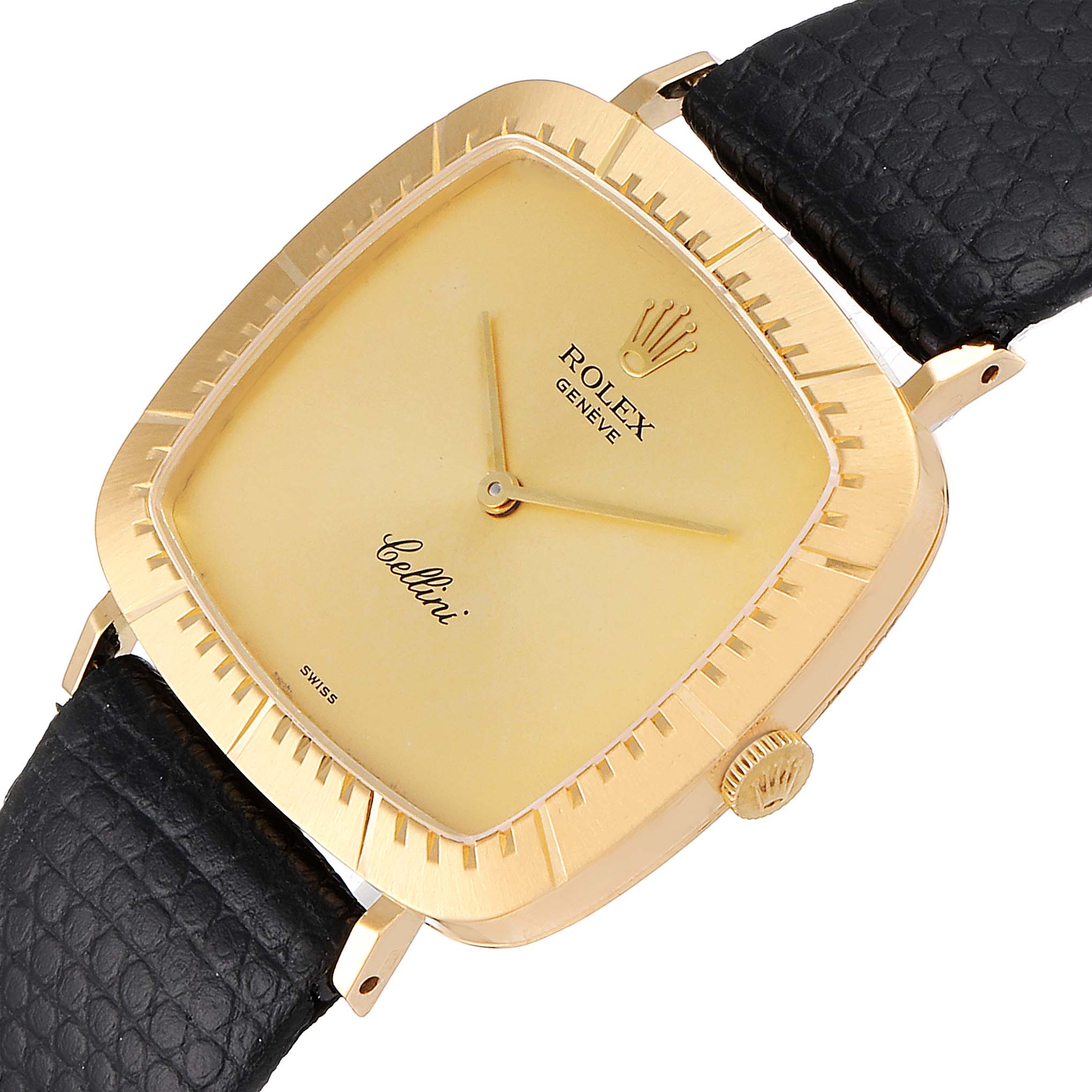 The image shows a top-down angle of a Rolex Cellini 4084 Men's Yellow Gold Champagne Dial 4084 Men's Yellow Gold Champagne Dial watch, highlighting its square gold face, black leather strap, and crown.