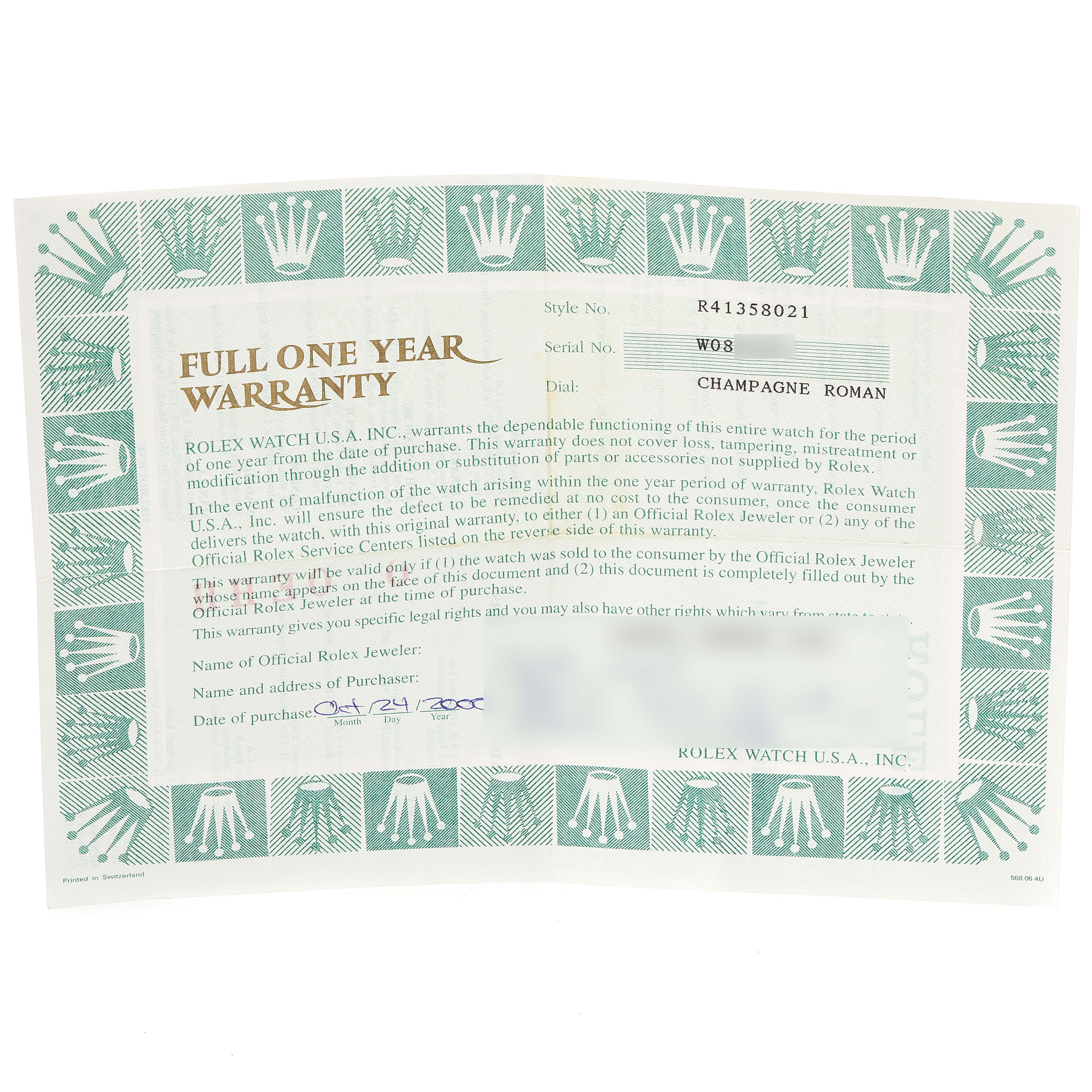 The image shows a full one year warranty card for the Rolex Cellini 4135 Men's Yellow Gold Champagne Dial 4135 Men's Yellow Gold Champagne Dial watch model.