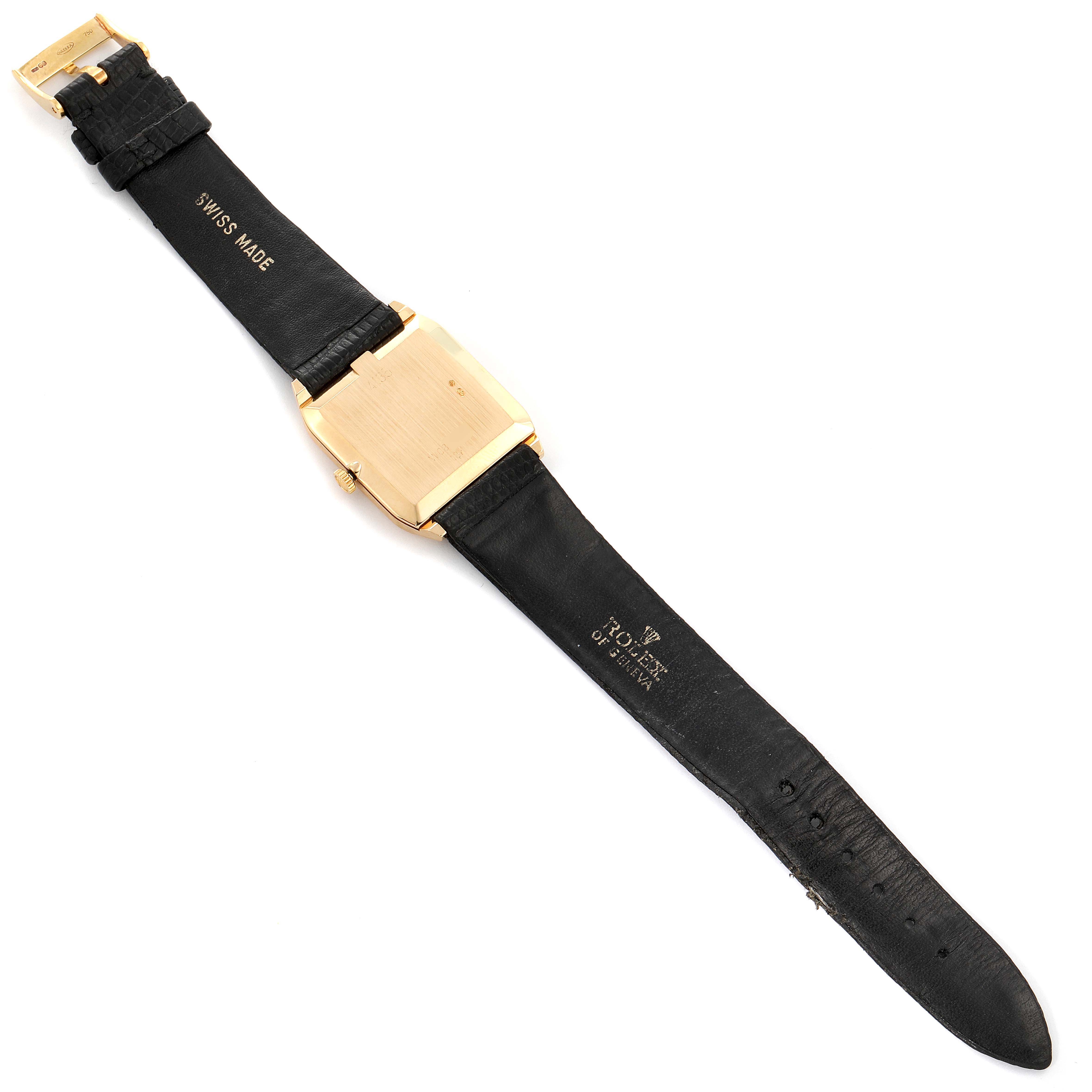 The image shows the back side of a Rolex Cellini 4135 Men's Yellow Gold Champagne Dial 4135 Men's Yellow Gold Champagne Dial watch, displaying the strap and case from an aerial angle.