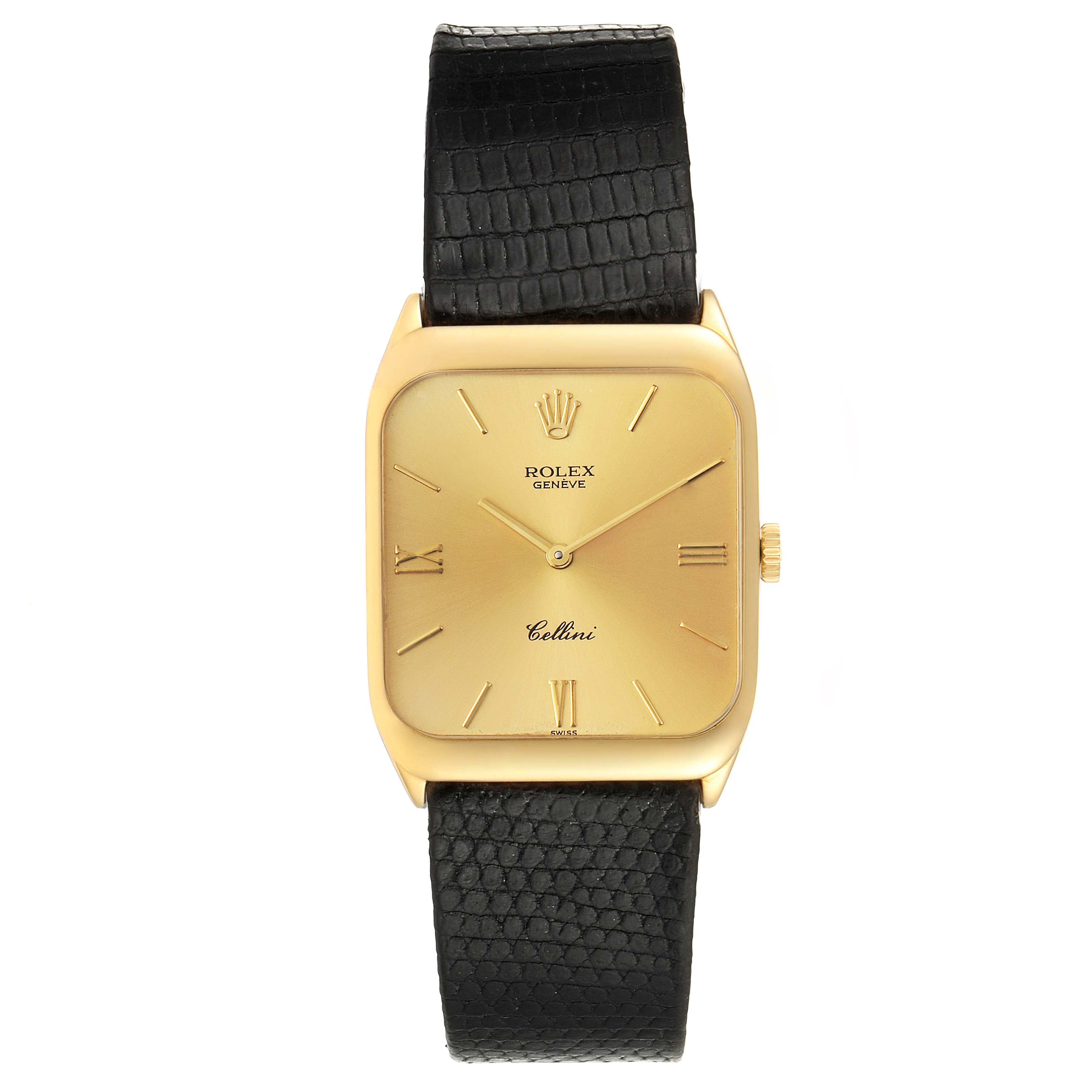 The image shows a frontal view of a Rolex Cellini 4135 Men's Yellow Gold Champagne Dial 4135 Men's Yellow Gold Champagne Dial watch with a square gold case and black leather strap.
