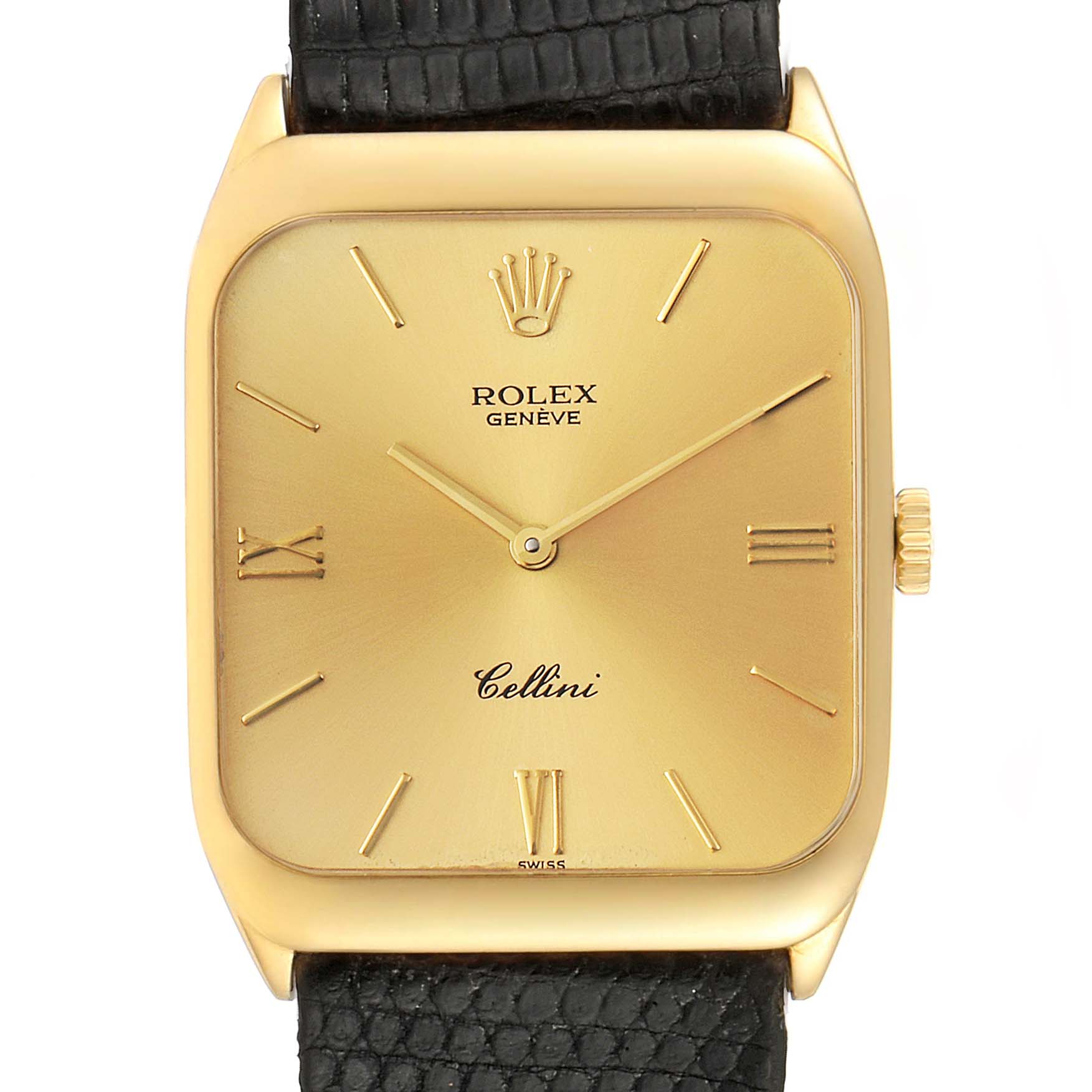 The image shows a front view of a Rolex Cellini 4135 Men's Yellow Gold Champagne Dial 4135 Men's Yellow Gold Champagne Dial watch with a gold dial and a black leather strap.
