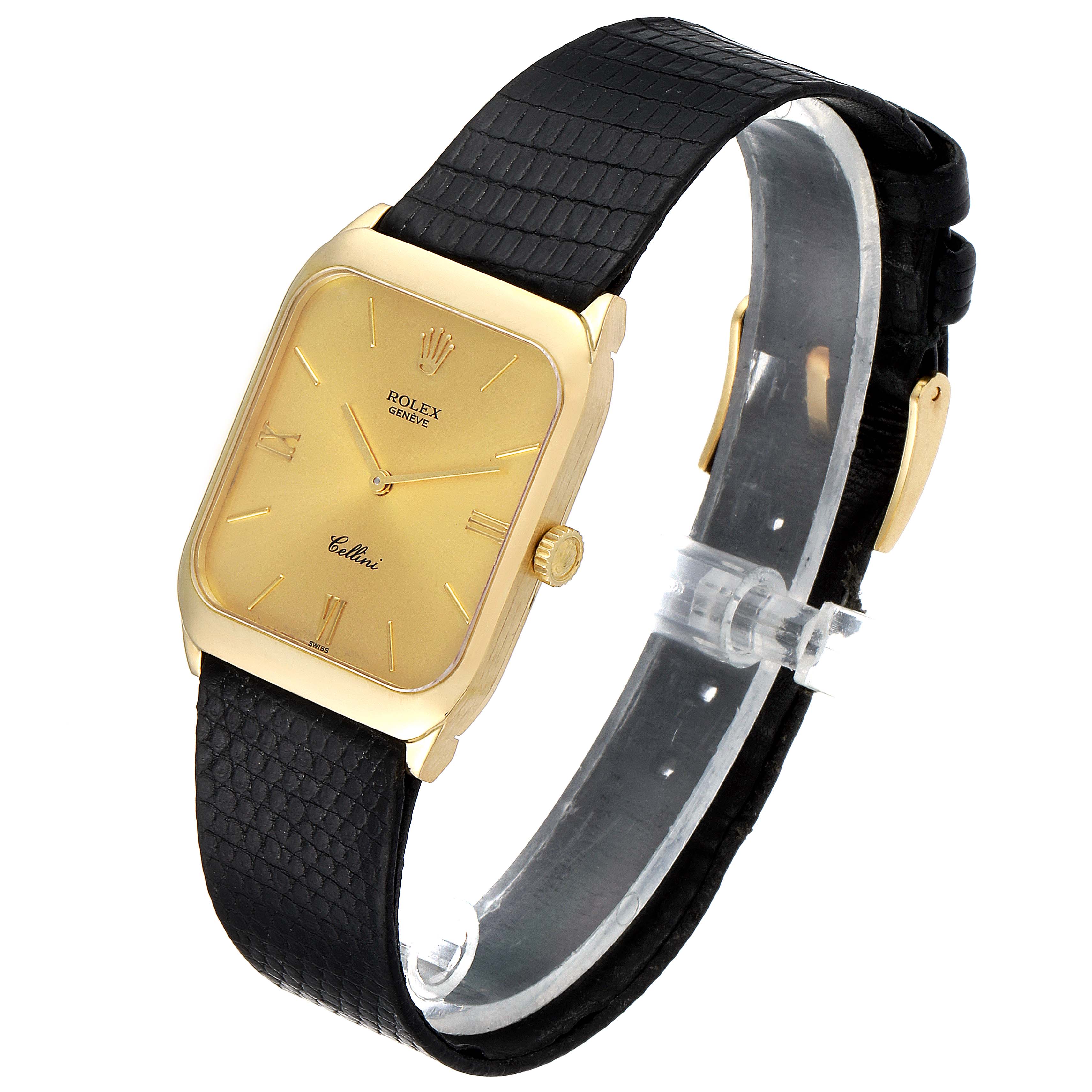 The image shows a side angle view of a Rolex Cellini 4135 Men's Yellow Gold Champagne Dial 4135 Men's Yellow Gold Champagne Dial watch, highlighting its gold face, rectangular case, and black leather strap.