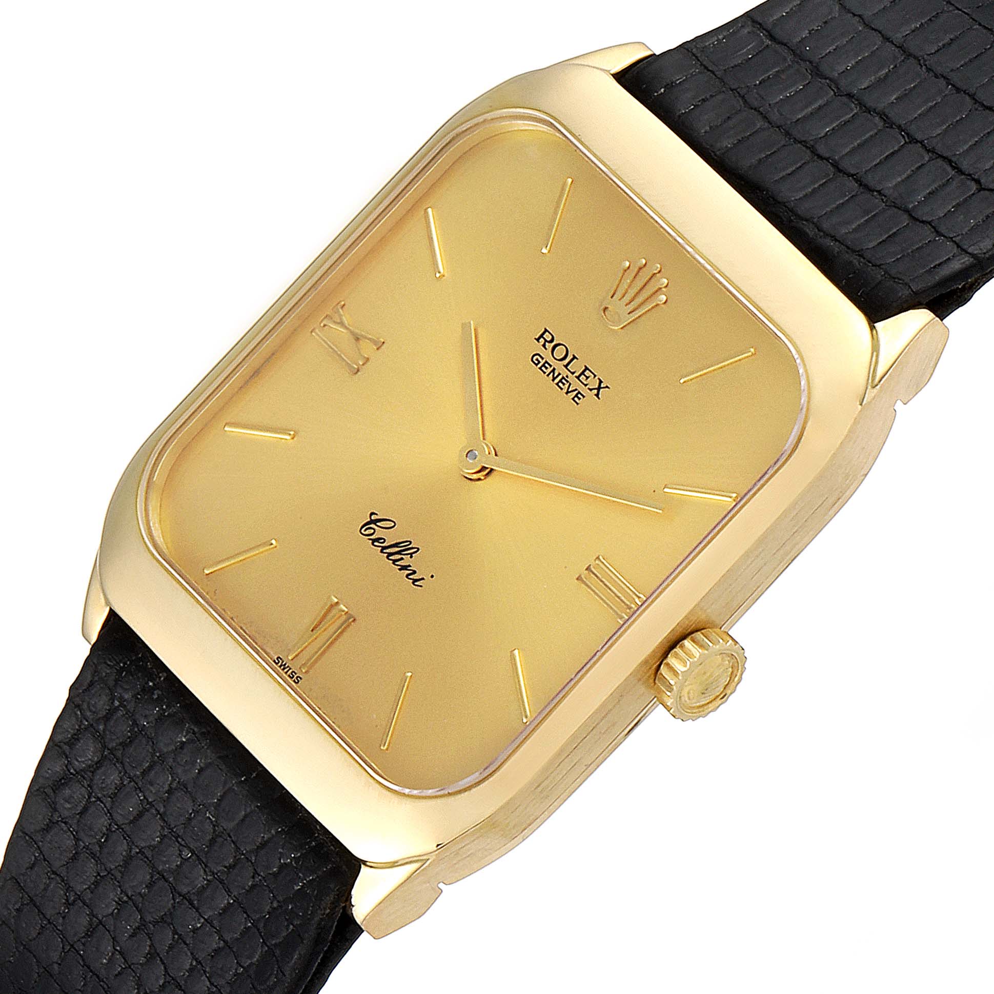 The image shows a Rolex Cellini 4135 Men's Yellow Gold Champagne Dial 4135 Men's Yellow Gold Champagne Dial model watch at an angled top-down view, highlighting the gold case, dial, and black textured strap.