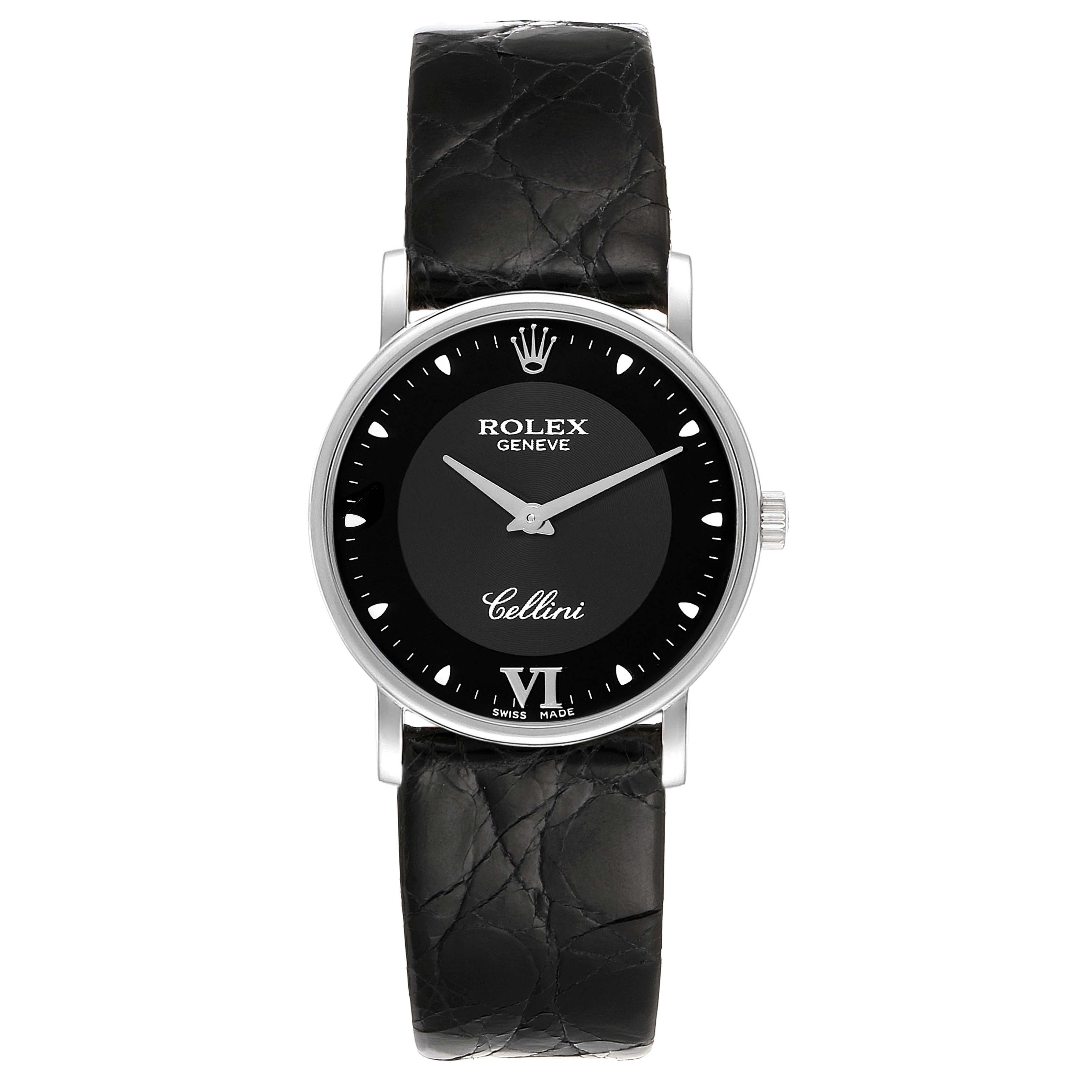 This image shows a front view of a Rolex Cellini 5115 Men's White Gold Black Dial 5115 Men's White Gold Black Dial watch featuring a black leather strap and black dial.