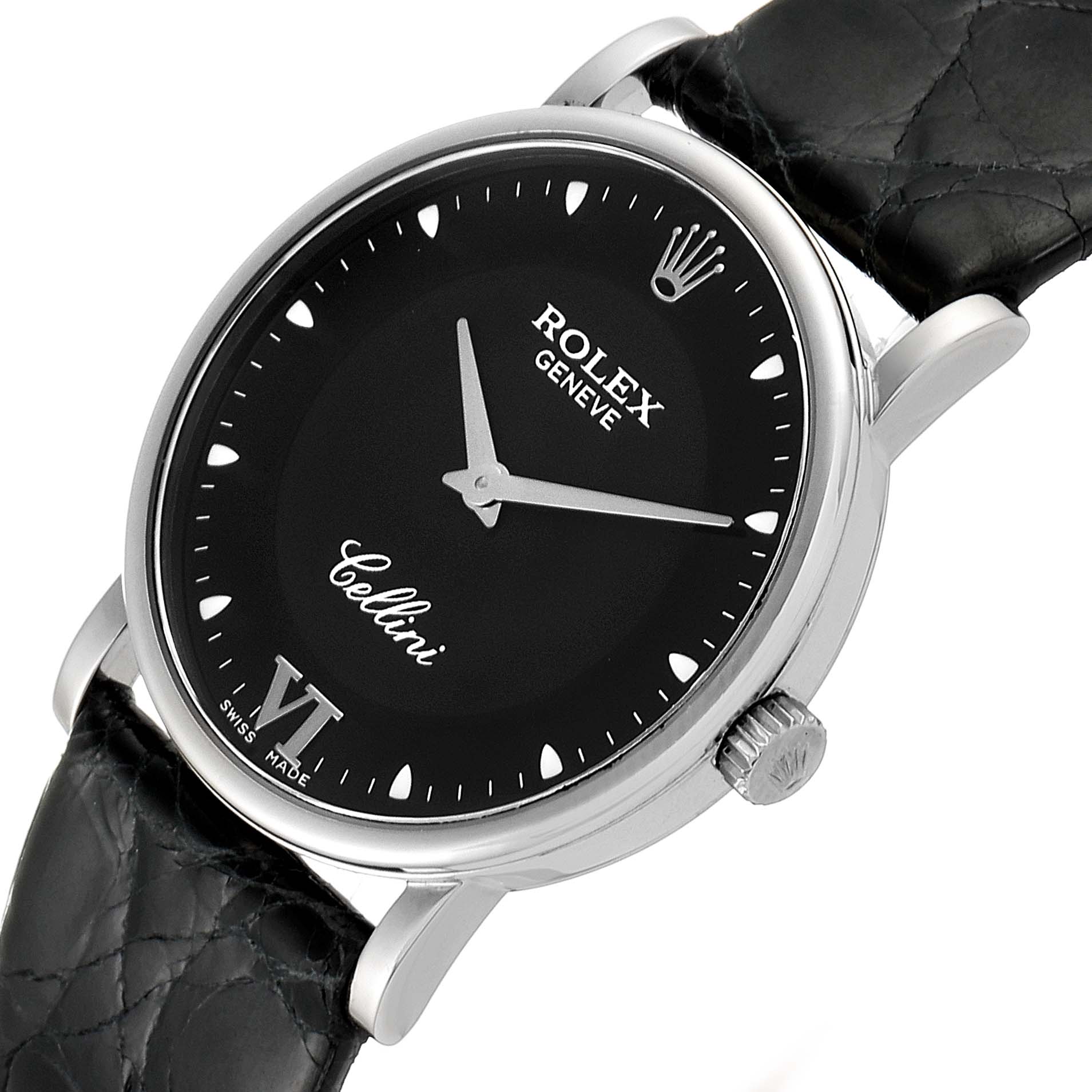 This Rolex Cellini 5115 Men's White Gold Black Dial 5115 Men's White Gold Black Dial watch is shown at an angle displaying the black dial, silver hands, crown, and part of the black leather strap.