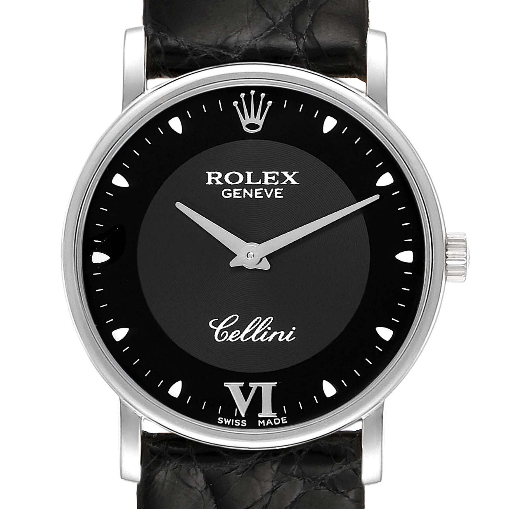 The image shows a front view of the Rolex Cellini 5115 Men's White Gold Black Dial 5115 Men's White Gold Black Dial watch, featuring a black dial, silver hands, and a black leather strap.