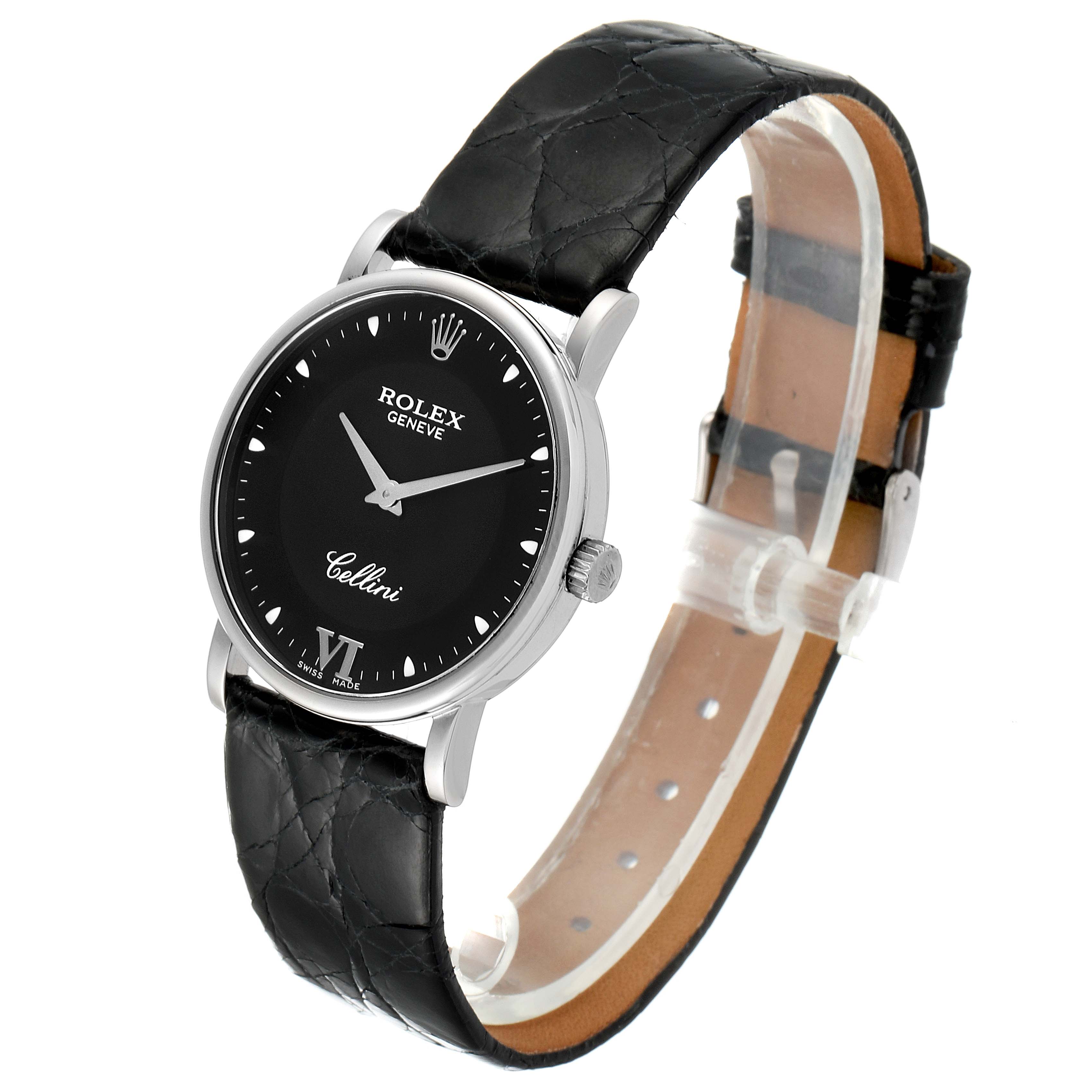 The Rolex Cellini 5115 Men's White Gold Black Dial 5115 Men's White Gold Black Dial watch is shown at a slight side angle, displaying the face, black leather strap, and side crown.