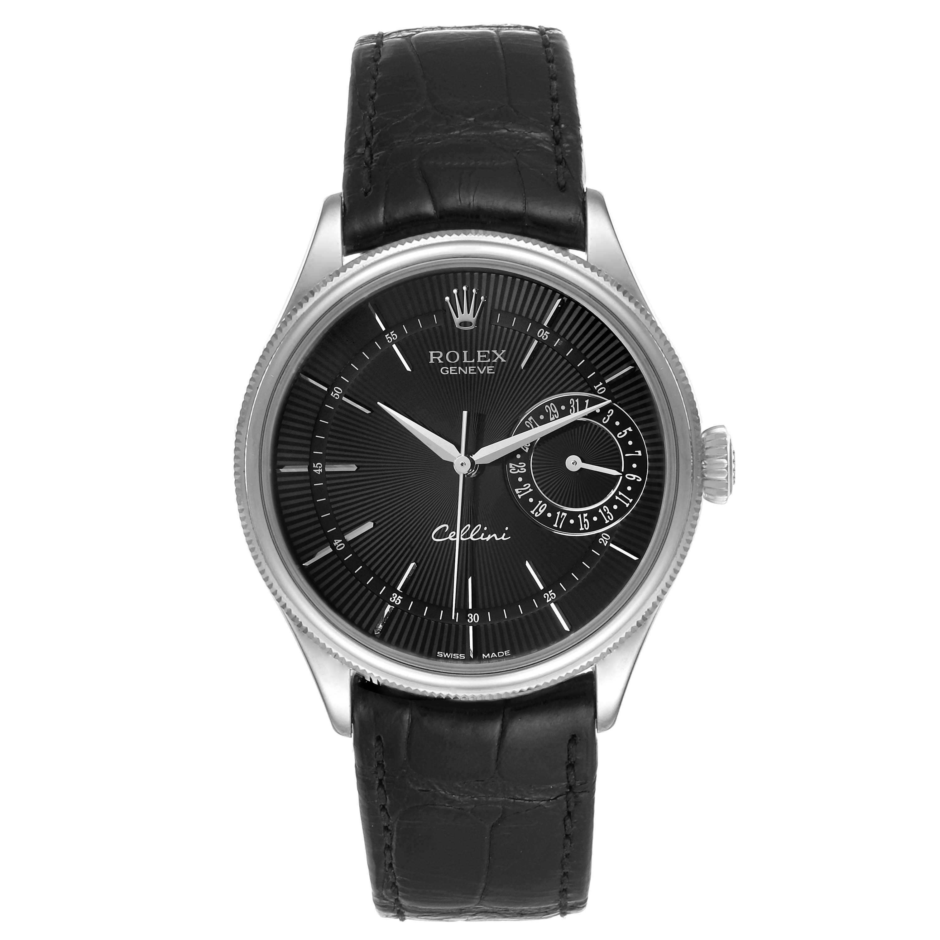 The image shows a front view of a Rolex Cellini 50519 Men's White Gold Black Dial 50519 Men's White Gold Black Dial watch, featuring a black dial, silver accents, and a black leather strap.