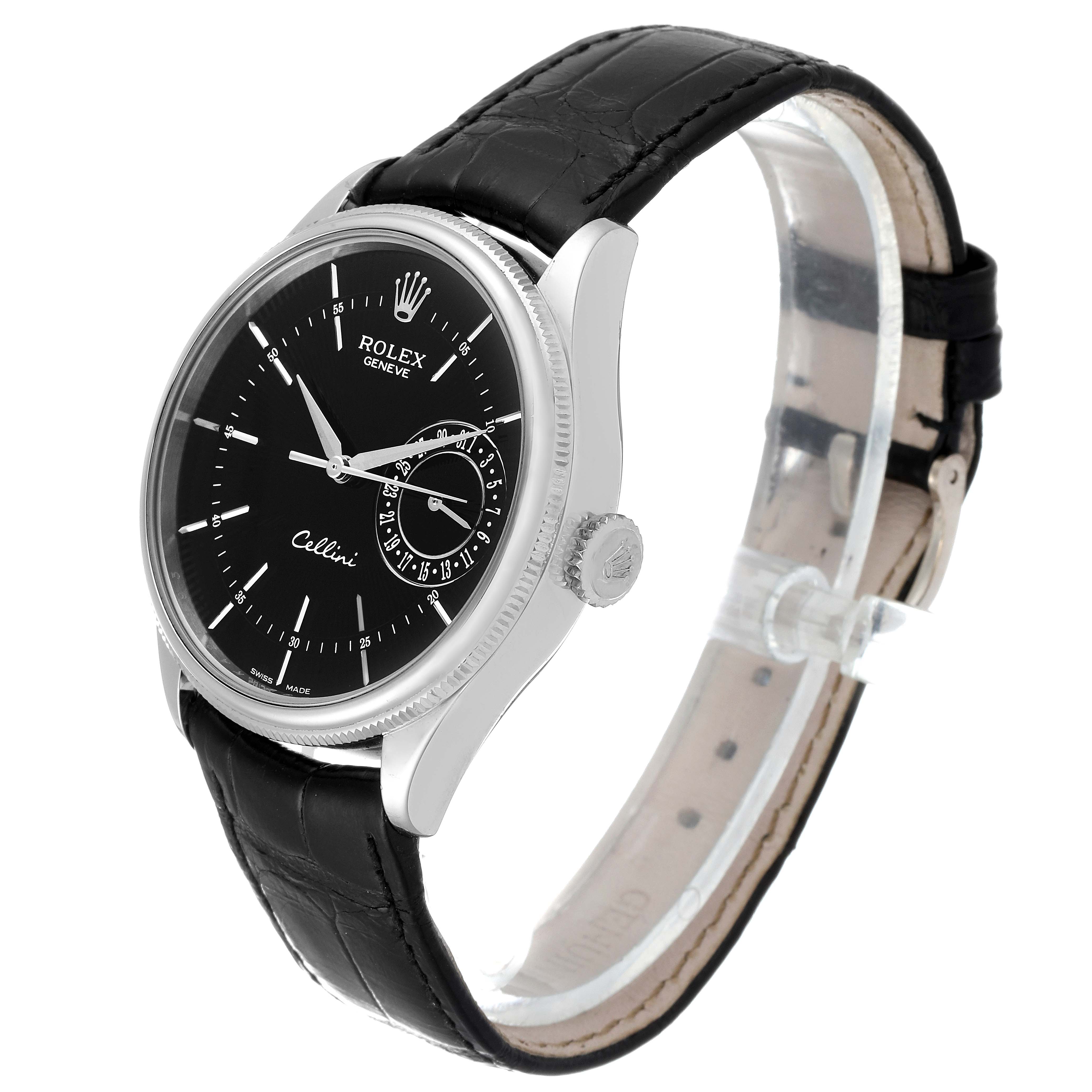 The Rolex Cellini 50519 Men's White Gold Black Dial 50519 Men's White Gold Black Dial watch is shown at an angle highlighting its dial, case, crown, and leather strap.