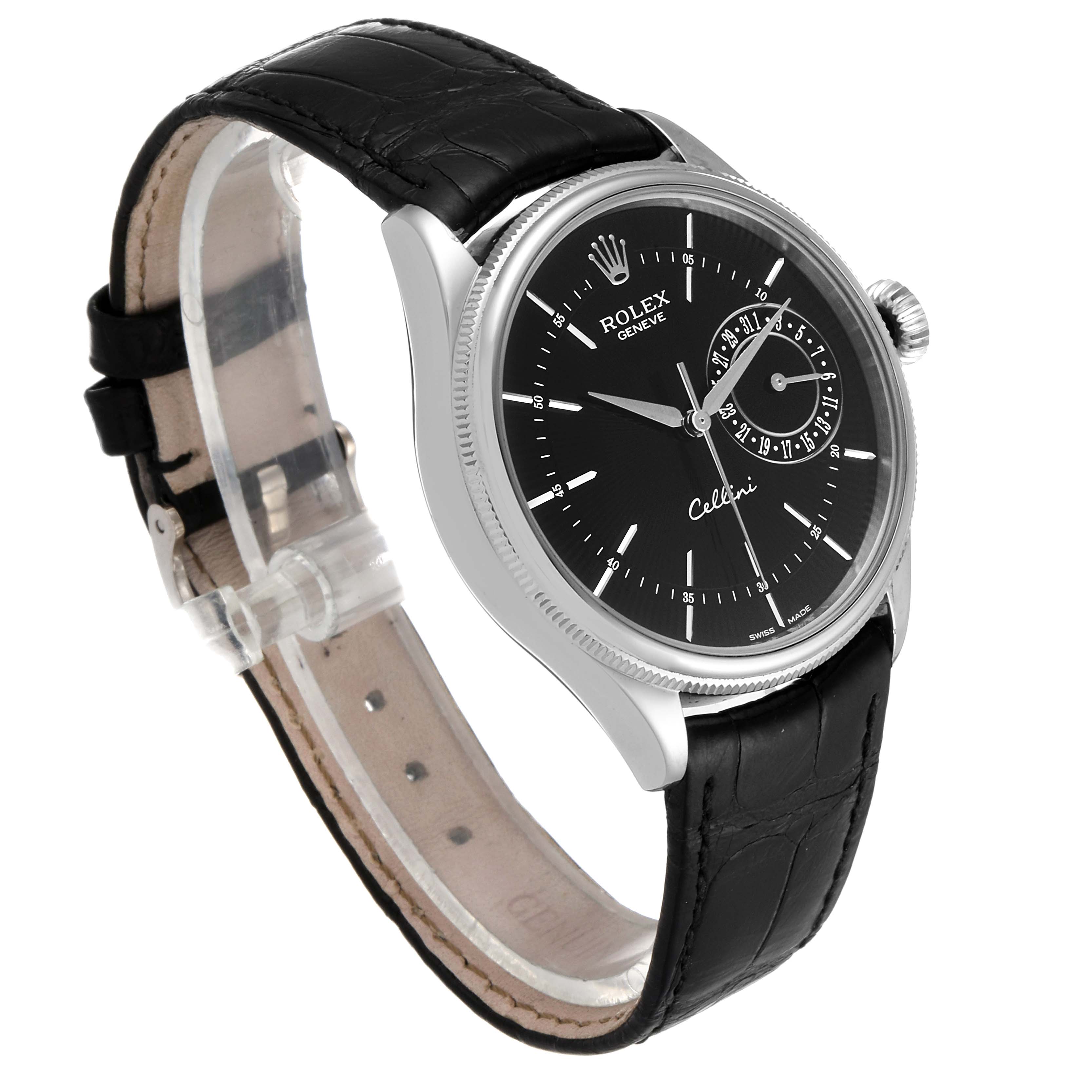 The image shows a side view of a Rolex Cellini 50519 Men's White Gold Black Dial 50519 Men's White Gold Black Dial watch, displaying its black dial, case, crown, and black leather strap.