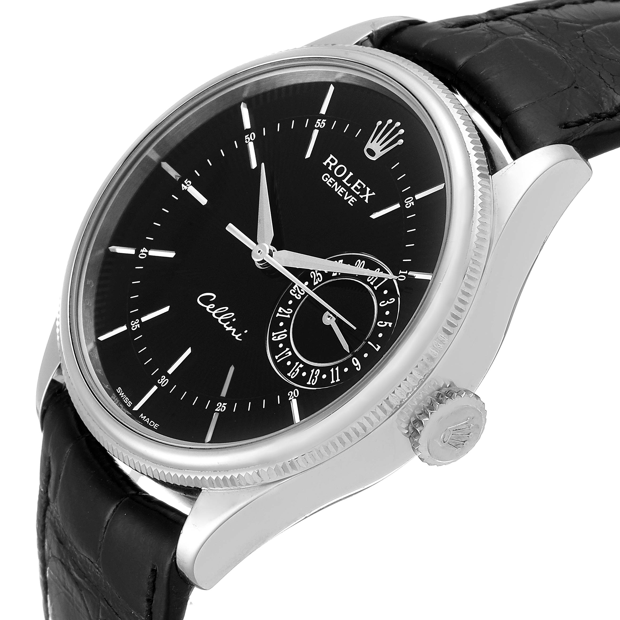 This image shows a Rolex Cellini 50519 Men's White Gold Black Dial 50519 Men's White Gold Black Dial model watch at a three-quarter angle, displaying its black dial, casing, crown, and part of the leather strap.