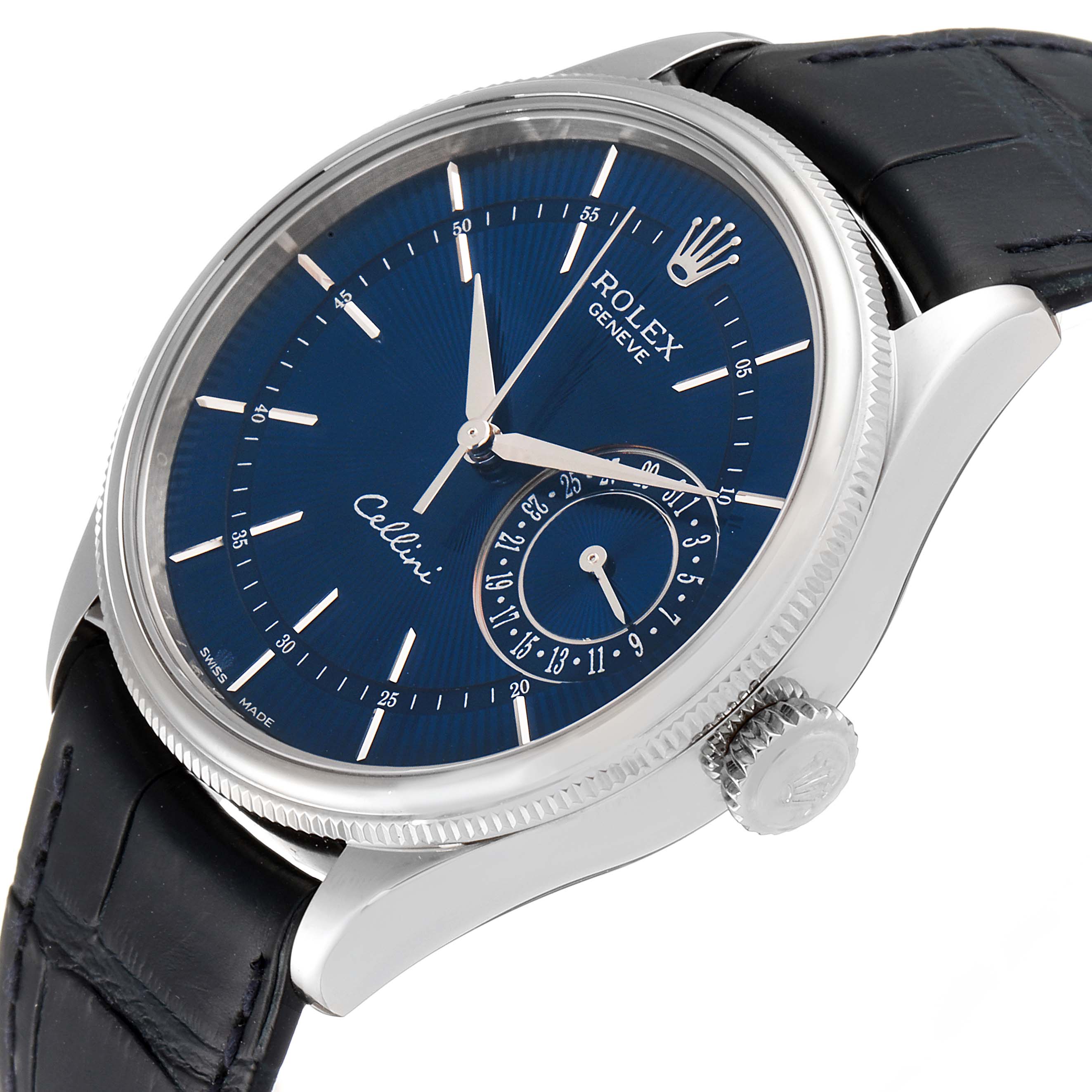 The image shows a close-up side angle of a Rolex Cellini 50519 Men's White Gold Blue Dial 50519 Men's White Gold Blue Dial watch, highlighting its blue dial, silver case, and black leather strap.