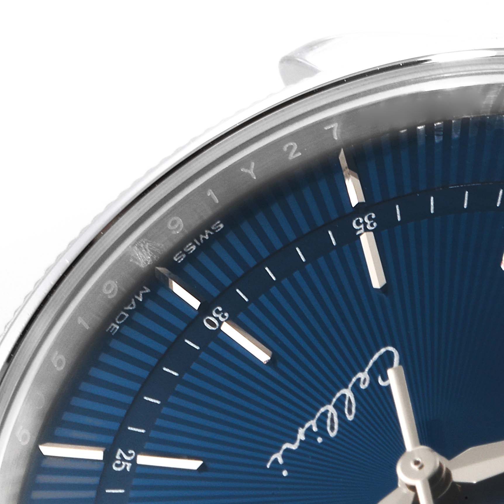 This image shows a close-up of the dial of a Rolex Cellini 50519 Men's White Gold Blue Dial 50519 Men's White Gold Blue Dial watch, displaying the hours, minutes, and "Cellini" inscription.