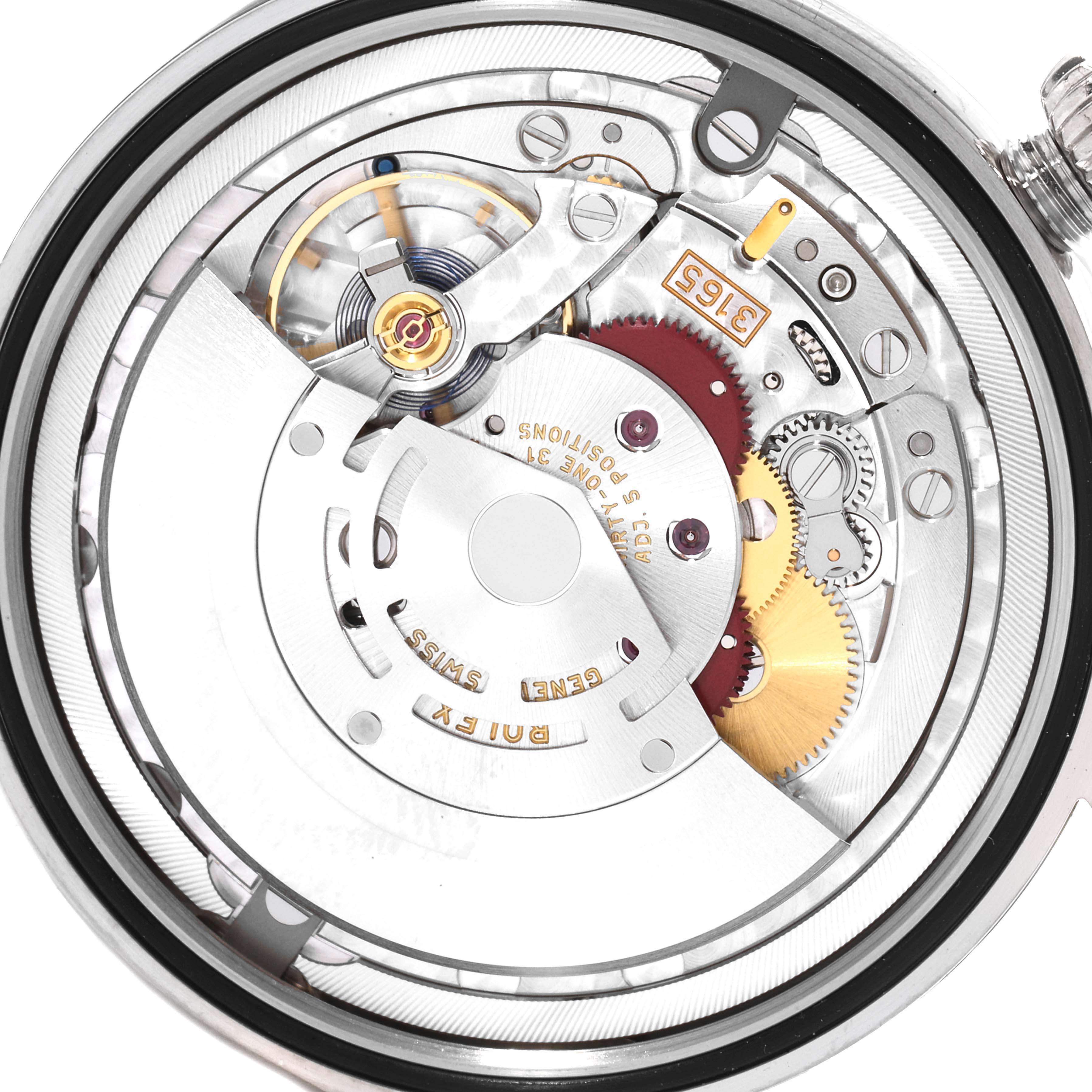 The image shows a close-up of the movement mechanism of a Rolex Cellini 50519 Men's White Gold Blue Dial 50519 Men's White Gold Blue Dial watch from the back.