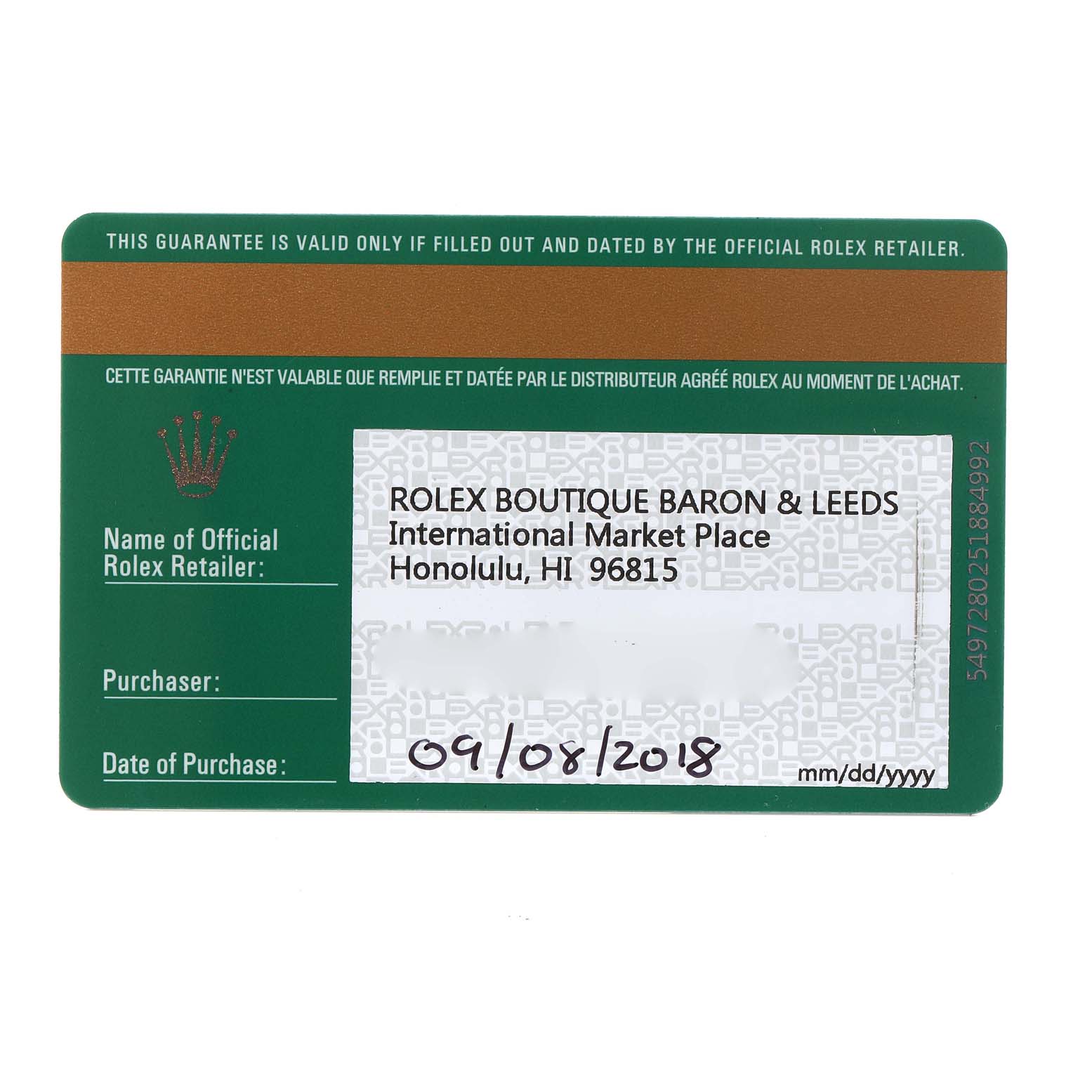 This image shows a guarantee card for a Rolex Cellini 50519 Men's White Gold Blue Dial 50519 Men's White Gold Blue Dial watch, including purchase date and retailer details.