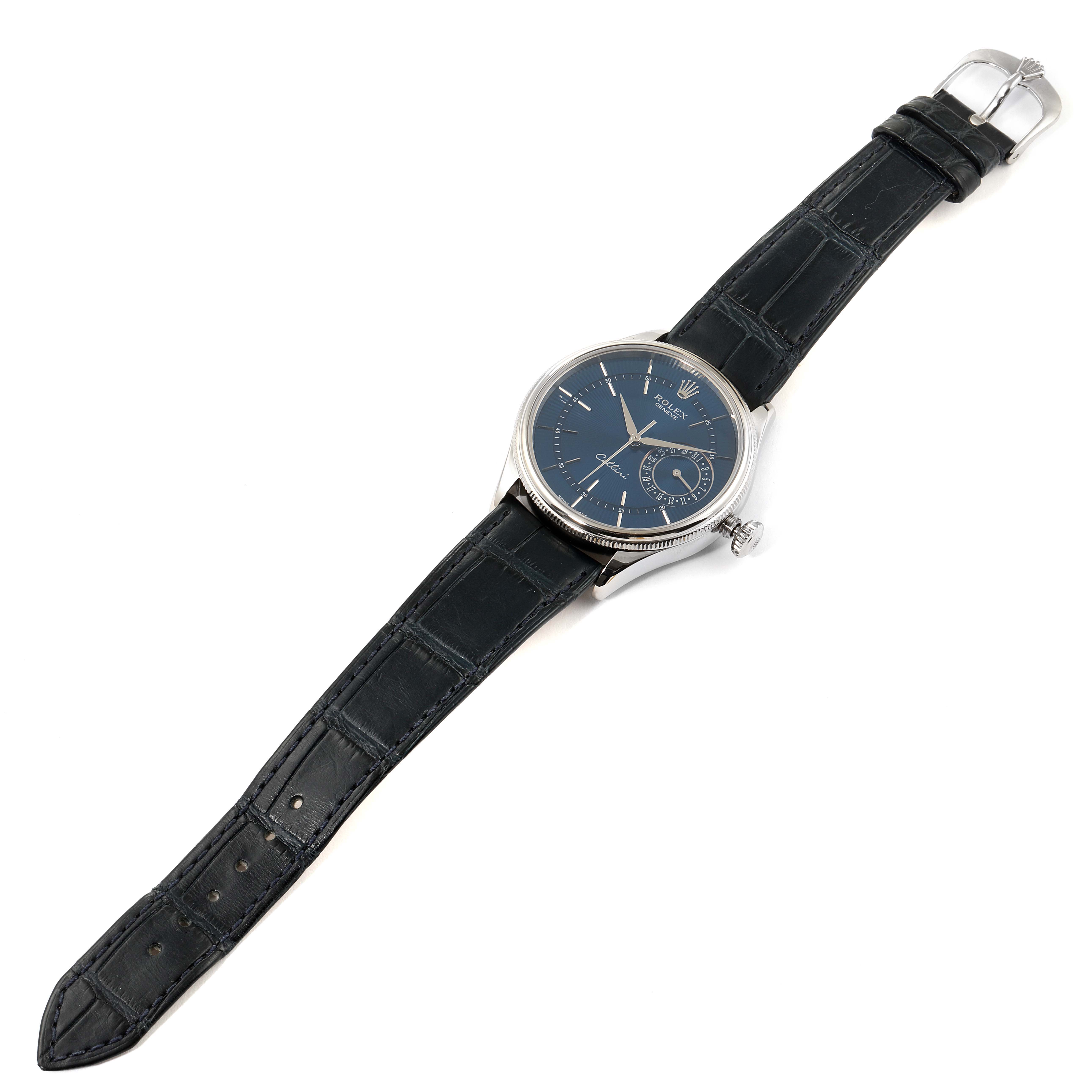 This is a Rolex Cellini 50519 Men's White Gold Blue Dial 50519 Men's White Gold Blue Dial watch shown at a slight angle, displaying the face, crown, and black leather strap with a metal buckle.