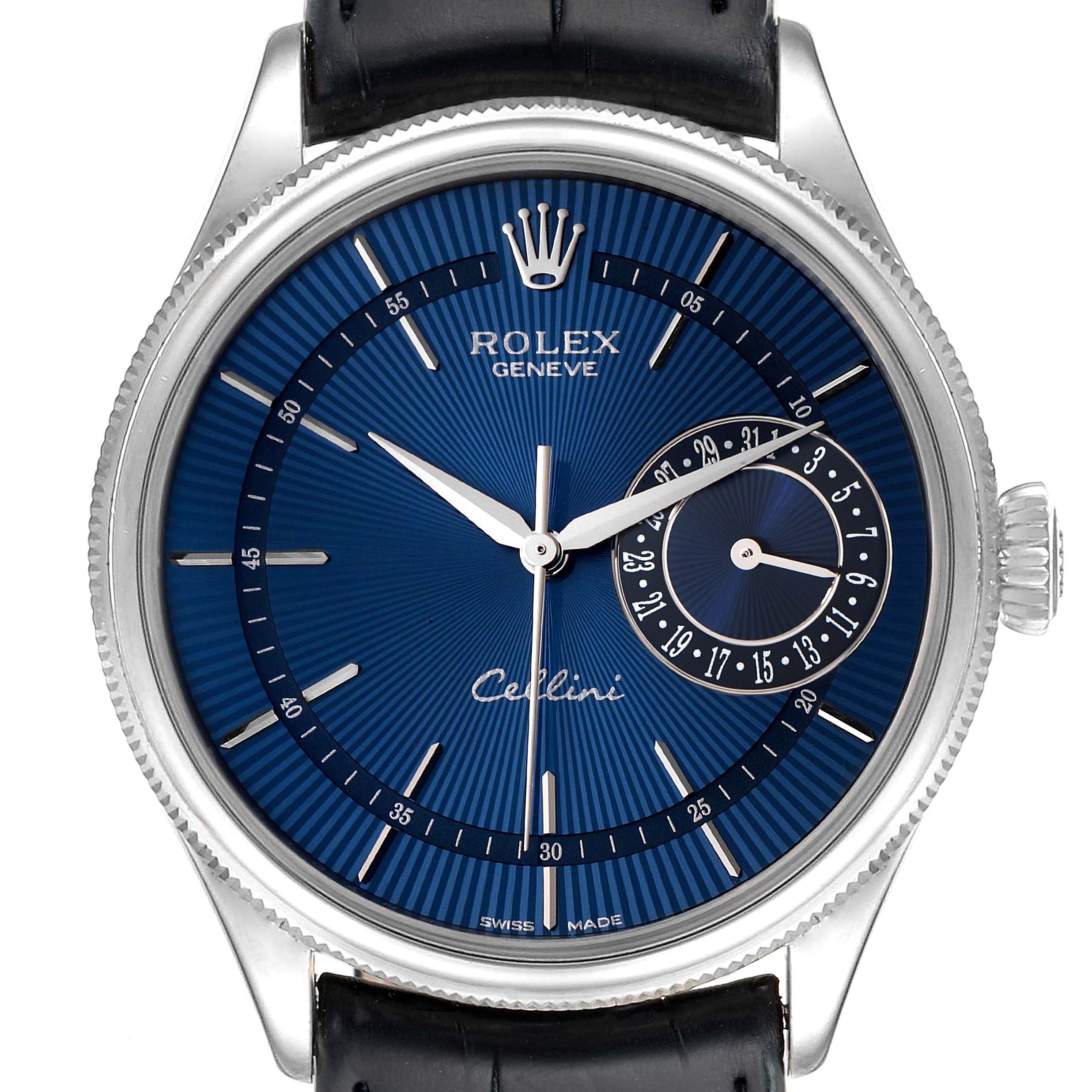 The image shows a front view of the Rolex Cellini 50519 Men's White Gold Blue Dial 50519 Men's White Gold Blue Dial watch, highlighting its blue dial, silver hands, date subdial, and black leather strap.