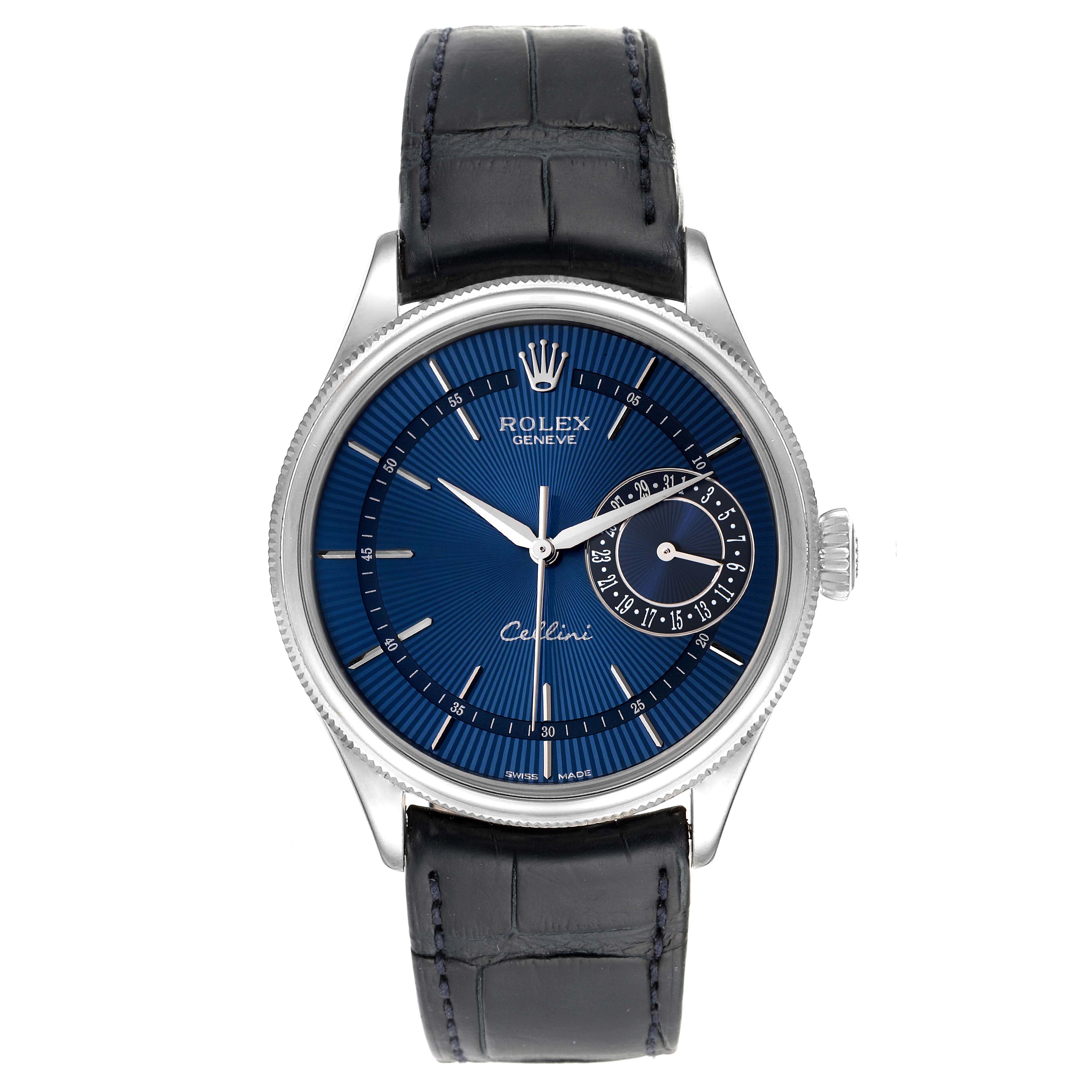 This image shows a front view of a Rolex Cellini 50519 Men's White Gold Blue Dial 50519 Men's White Gold Blue Dial watch with a blue dial, black leather strap, and a date sub-dial.
