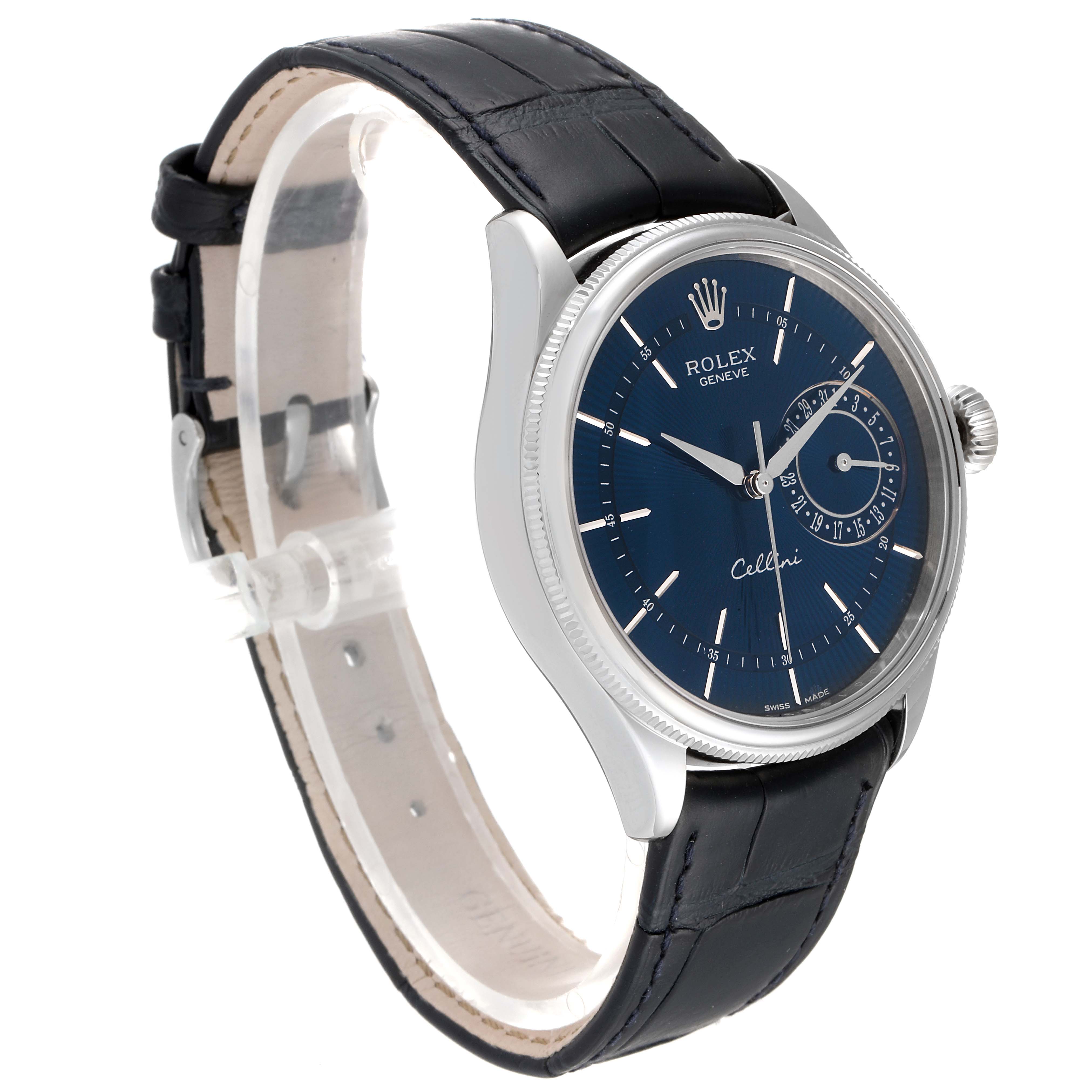 This image shows a Rolex Cellini 50519 Men's White Gold Blue Dial 50519 Men's White Gold Blue Dial watch at an angle displaying the dial, case, crown, and leather strap.