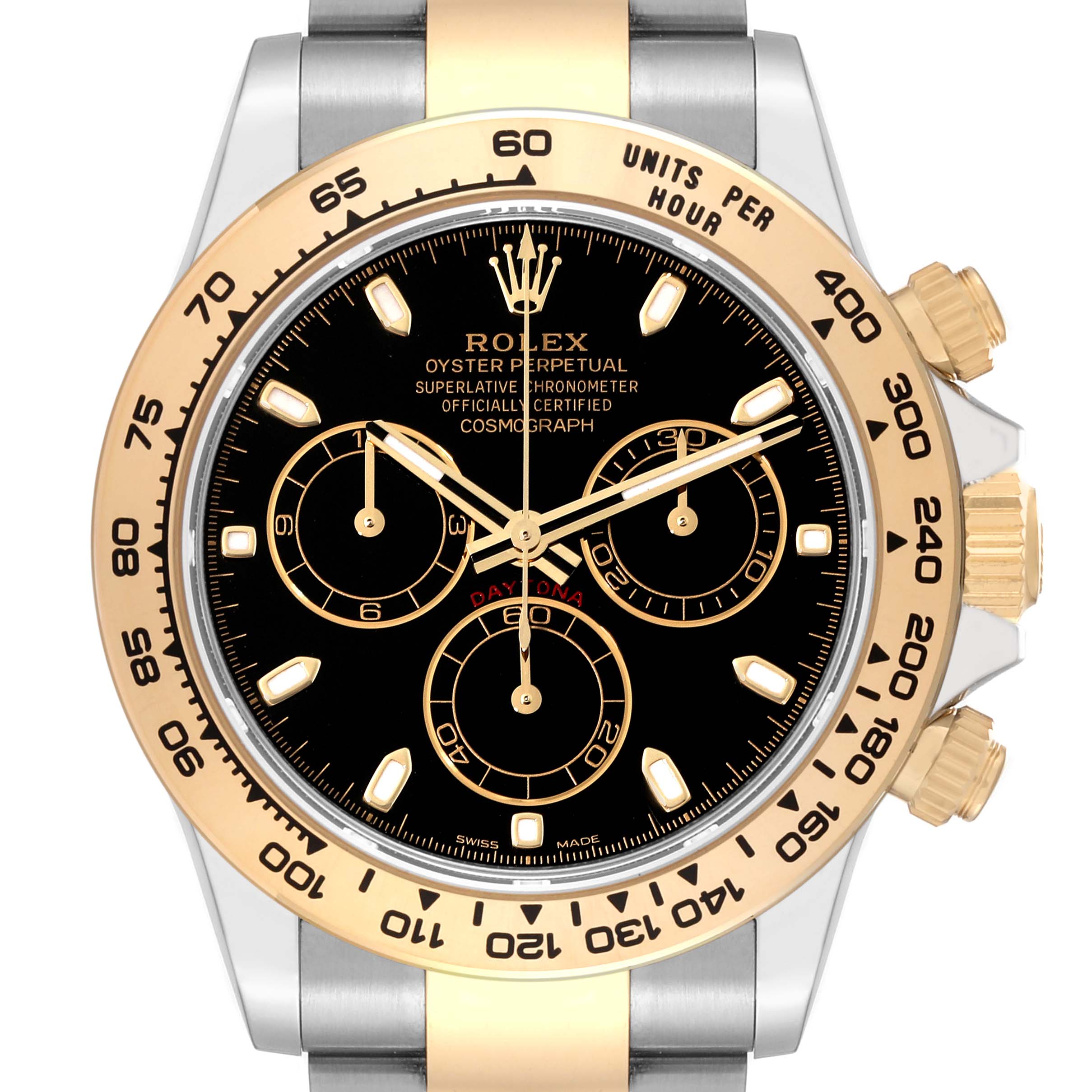 This image shows a front view of a Rolex Daytona 116503 Men
s Steel and Gold (two tone) Black Dial 116503 Men
s Steel and Gold (two tone) Black Dial watch highlighting the dial, bezel, and chronograph sub-dials.
